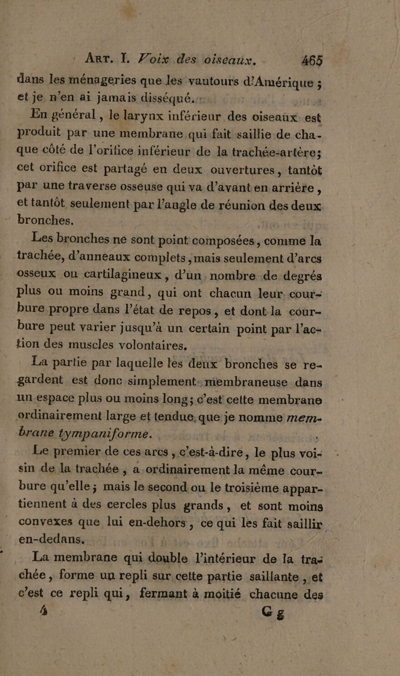 dans les ménageries que les vautours d'Amérique ; 3. etje n’en ai jamais disséqué. En général, le larynx inférieur des oiseaux est produit par une membrane qui fait saillie de cha- que côté de l'orilice inférienr de la trachée-artère; cet orifice est partagé en deux ouvertures, tantot par une traverse osseuse qui va d’avant en arrière, et tantôt seulement par l'angle de réunion des deux bronches. ge | F Les bronches ne sont point composées, comme la trachée, d’anneaux complets mais seulement d’arcs osseux où cartilagineux , d’un nombre de degrés plus ou moins grand, qui ont chacun leur cour- bure propre dans l’état de repos, et dont la cour- bure peut varier jusqu’à un certain point par l’ac- tion des muscles volontaires. La partie par laquelle les deux bronches se re- gardent est donc simplement: membraneuse dans un-espace plus ou moins long; c’est cette membrane ordinairement large et tesidiies que je nomme 71em- brane tympaniforme. | | Le premier de ces arcs , c’est-à-dire, le plus voi- sin de la trachée , a ordinairement la même cour- bure qu’elle; maïs le second ou le troisième appar- tiennent à des cercles plus grands, et sont moins convexes que lui M , ce qui les fait saillie en-dedans. La membrane qui double l'intérieur de la trac chée , forme un repli sur cette partie saillante ,.et c’est ce repli qui, fermant à moitié chacune des a: 116