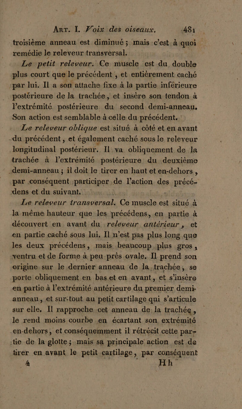 tie hdi anneau est diminué ; ; mais c’est à quoi remédie le releveur transversal. Le petit releveur. Ce muscle est du double plus court que le précédent , et entièrement caché par lui. Il a son attache fixe à la partie inférieure postérieure de la trachée, et insère son tendon à l’extrémité postérieure du second démi-anneau. Son action est semblable à celle du précédent. : Le releveur oblique est situé à côté et en avant -du précédent , et également caché sous le releveur longitudinal postérieur. Il va obliquement de la trachée à l'extrémité postérieure du deuxième _demi-anneau ; il doit le tirer en haut et en-dehors , par conséquent participer ,de l’action des précé- dens et du suivant. gd n? Le releveur transversal. Ce muscle est situé à la même hauteur que les précédens, en partie à découvert en avant du :releveur antérieur , et en partie caché sous lui, Il n’est pas plus long que les deux précédens, mais beaucoup plus gros, ventru et de forme à peu près ovale. Il prend son origine sur le dernier anneau de la,trachée, se porte obliquement en bas.et en avant, et s’insère en partie à l'extrémité antérieure du premier demi- anneau, et sur-tout au petit cartilage qui s'articule sur elle, Il rapproche cet anneau de: la trachée , le rend moins courbe en écartant son extrémité en-dehors, et conséquemment il rétrécit cette par- tie de la glotte; mais sa principale action est de tirer en avant le petit cartilage, par conséquent &amp; | CN : 5: