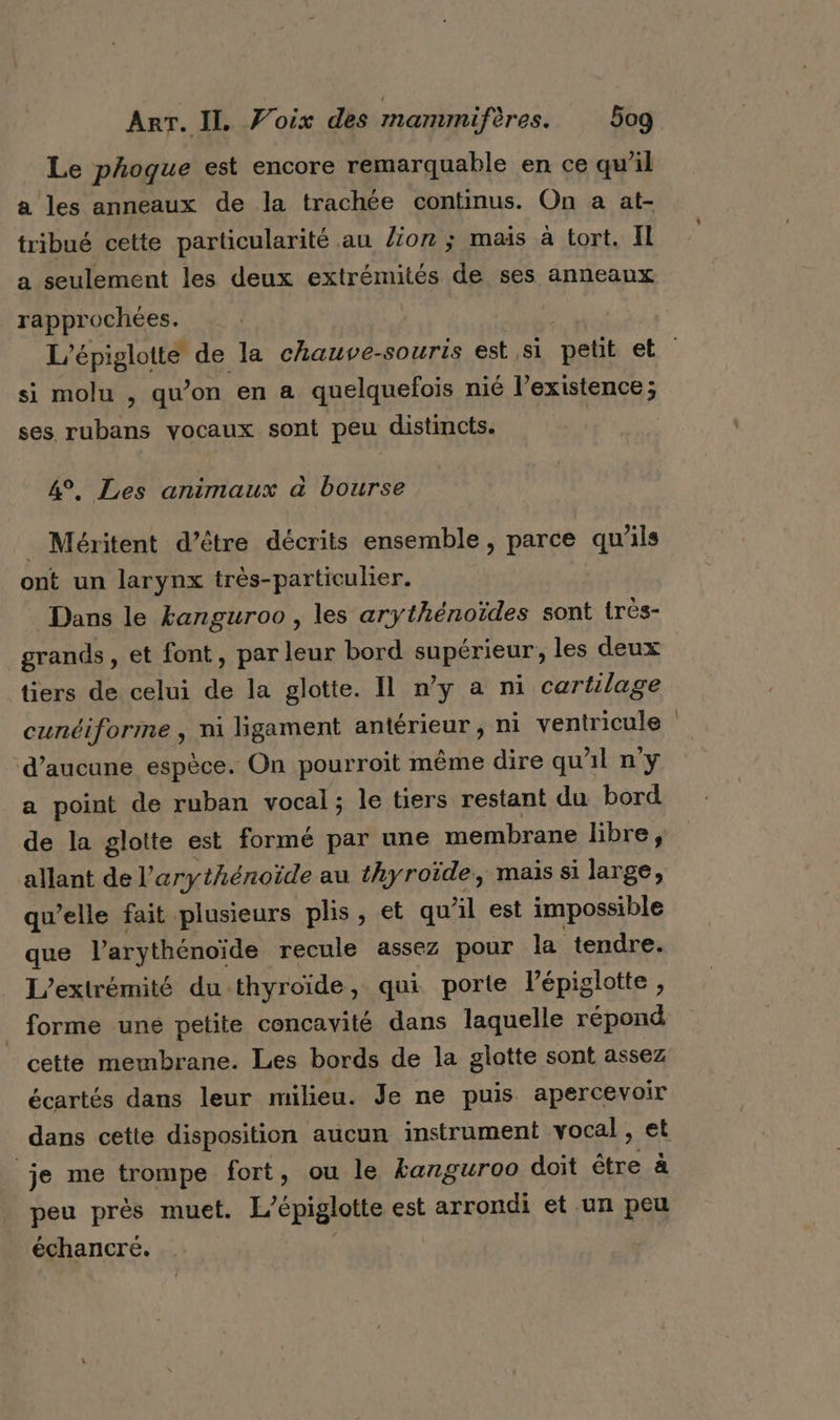 Le phoque est encore remarquable en ce qu'il a les anneaux de la trachée continus. On a at- tribué cette particularité au lion ; mais à tort. Il a seulement les deux extrémités de ses anneaux rapprochées. | | L’épiglotte de la chauve-souris est ,si petit et si molu , qu’on en a quelquefois nié l’existence; ses rubans vocaux sont peu distincts. | | 4°, Les animaux à bourse _ Méritent d’être décrits ensemble, parce qu'ils ont un larynx très-particulier. Dans le kanguroo , les arythénoïdes sont très- grands, et font, par leur bord SAPAenRs les deux tiers de celui de la glotte. Il n’y a ni cartilage cunéiforme , ni ligament antérieur , ni ventricule ‘d'aucune espèce. On pourroit même dire qu'il ny a point de ruban vocal; le tiers restant du bord de la gloitte est formé par une membrane libre, allant de l’ay -ythénoïde au thyroïde, maïs si large, qu’elle fait plusieurs plis, et qu'il est impossible que l’arythénoïde recule assez pour la tendre. L'extrémité du thyroïde, qui porte l’épiglotte , _ forme une petite concavité dans laquelle répond cette membrane. Les bords de la glotte sont assez écartés dans leur milieu. Je ne puis apercevoir dans cette disposition aucun instrument vocal, et je me trompe fort, ou le kanguroo doit être à peu près muet. L'épiglotte est arrondi et .un peu échancre.