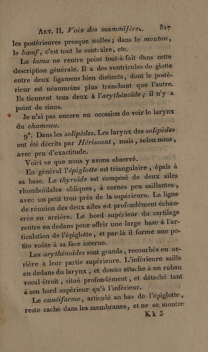 les postérieures presque nulles ; dans le rmout07:, le bœuf, c’est tout le contraire, etc. Le lama ne rentre point tout-à-fait dans cette entre deux ligamens bien distincts, dont le posté- rieur est néanmoins plus tranchant que l’autre. Tls tiennent tous deux à larythénoïde ; À ny à point de sinus. | BEr : Je n’ai pas encore eu occasion de voir le larynx . du chameau. | | 9°. Dans les solipèdes. Les larynx des solipèdes ont êté décrits par Hérissant , mais ; selon nous ; avec peu d’exactitude. | Voici ce que nous y avons observé. En général Pépiglotte est triangulaire ; épais à sa base. Le thyroïde est composé de deux ailes rhomboïdales obliques , à cornes peu saillantes ;, avec un petit trou près de la supérieure. La ligne de réunion des deux aiïles est profondément échan- créé en arrière. Le bord supérieur du cartilage rentre en dedans pour offrir une large base à lar- ticulation de Vépiglotte , et par-là il forme une per tite voûte à sa face mterne. | LM D Ur | Les arythénoïdes sont grands , recourbés en ar- rière.à leur partie supérieure. L’inférieure saille en dedans du larynx , et donne attache à un ruban vocal étroit , situé. profondément , et détaché tant à son bord supérieur qu’à l'inférieur. | Le cunéiforme, articulé au bas de l’épiglotte, reste caché dans les membranes, etne se montre KkS