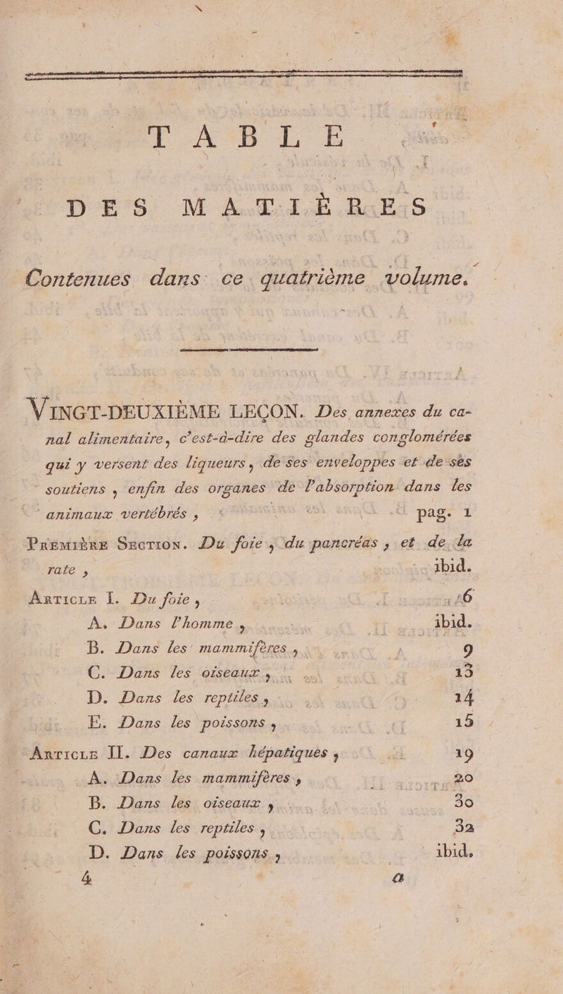 DES MATIÈRES &lt; Contenues dans ce. quatrième ‘volume. VINGT-DEUXIÈME LECON. Des annexes du ca- nal alimentaire, c’est-à-dire des glandes conglomérées qui y versent des liqueurs , de ses enveloppes et de ses soutiens , enfin des organes de l'absorption dans Les ‘animaux vertébrés » à est, en à pag. L Première Sscrion. Du foie, du pancréas , et de. la rafe , - 1bid. AnTicze L. Du foie, . AE 140 À, Dans l’homme, ibid. B. Dans Les mammifères V4. | 9 C“Dans les oiseeut se : 13 D. Dans les reptiles, -. . 24 14 F. Dans les poissons, 15 Anriczs Il. Des canaux hépatiques , Me 19 J ; À. Dans les mammifères, RP B. Dans les oiseaux » 36 C. Dans les reptiles, | 3a D. Dans les poissons , - ibid, Es | a