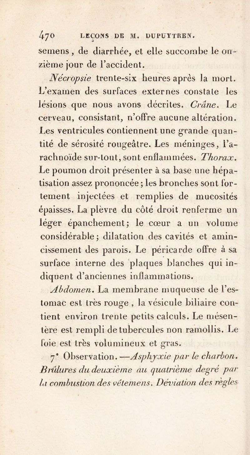 semens , de diarrhée, et elle succombe le on- zième jour de l’accident. Nécropsie trente-six heures après la mort. L’examen des surfaces externes constate les lésions que nous avons décrites. Crâne. Le cerveau, consistant, n’offre aucune altération. Les ventricules contiennent une grande quan- tité de sérosité rougeâtre. Les méninges, l’a- rachnoïde sur-tout, sont enflammées. Thorax. Le poumon droit présenter à sa base une hépa- tisation assez prononcée ; les bronches sont for- tement injectées et remplies de mucosités épaisses. La plèvre du côté droit renferme un léger épanchement; le cœur a un volume considérable ; dilatation des cavités et amin- cissement des parois. Le péricarde offre à sa surface interne des plaques blanches qui in- diquent d’anciennes inflammations. Abdomen. La membrane muqueuse de l’es- tomac est très rouge , la vésicule biliaire con- tient environ trente petits calculs. Le mésen- tère est rempli de tubercules non ramollis. Le foie est très volumineux et gras. 7* Observation. —Asphjxie par le charbon. Brûlures du deuxième au quatrième degré par la combustion des vétemens. Déviation des règles