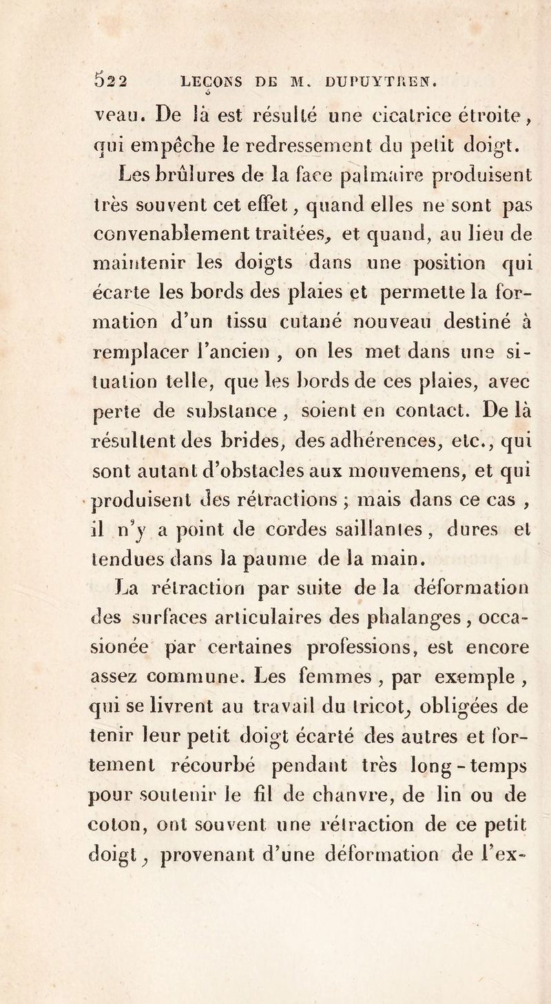 %> veau. De là est résulté une cicatrice étroite, qui empêche le redressement du pelit doigt. Les brûlures de la face palmaire produisent très souvent cet effet, quand elles ne sont pas convenablement traitées, et quand, au fieu de maintenir les doigts dans une position qui écarte les bords des plaies et permette la for- mation d’un tissu cutané nouveau destiné à remplacer l’ancien , on les met dans une si- tuation telle, que les bords de ces plaies, avec perte de substance , soient en contact. De là résultent des brides, des adhérences, etc., qui sont autant d’obstacles aux mouvemens, et qui produisent des rétractions ; mais dans ce cas , il n’y a point de cordes sailîanles, dures et tendues dans la paume de la main. La rétraction par suite de la déformation des surfaces articulaires des phalanges , occa- sionée par certaines professions, est encore assez commune. Les femmes , par exemple , qui se livrent au travail du tricot, obligées de tenir leur petit doigt écarté des autres et for- tement récourbé pendant très long-temps pour soutenir le fil de chanvre, de lin ou de coton, ont souvent une rétraction de ce petit doigt} provenant d’une déformation de l’ex-