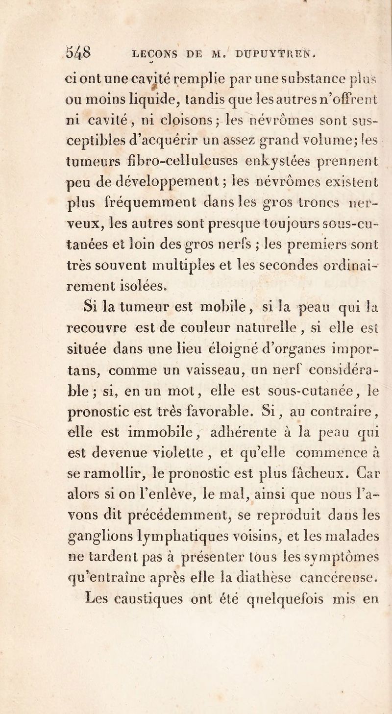 ci ont une cavité remplie par une substance plus ou moins liquide, tandis que les autres n’offrent ni. cavité, ni cloisons; les névrômes sont sus- ceptibles d’acquérir un assez grand volume; les tumeurs fibro-celluleuses enkystées prennent peu de développement ; les névrômes existent plus fréquemment dans les gros troncs ner- veux, les autres sont presque toujours sous-cu- tanées et loin des gros nerfs ; les premiers sont très souvent multiples et les secondes ordinai- rement isolées* Si la tumeur est mobile, si la peau qui la recouvre est de couleur naturelle , si elle est située dans une lieu éloigné d’organes impor- tais, comme un vaisseau, un nerf considéra- ble ; si, en un mot, elle est sous-cutanée, le pronostic est très favorable. Si, au contraire, elle est immobile, adhérente à la peau qui est devenue violette , et qu’elle commence à se ramollir, le pronostic est plus fâcheux. Car alors si on l’enlève, le mal, ainsi que nous l’a- vons dit précédemment, se reproduit dans les ganglions lymphatiques voisins, et les malades ne tardent pas à présenter tous les symptômes qu’entraîne après elle la diathèse cancéreuse. Les caustiques ont été quelquefois mis en