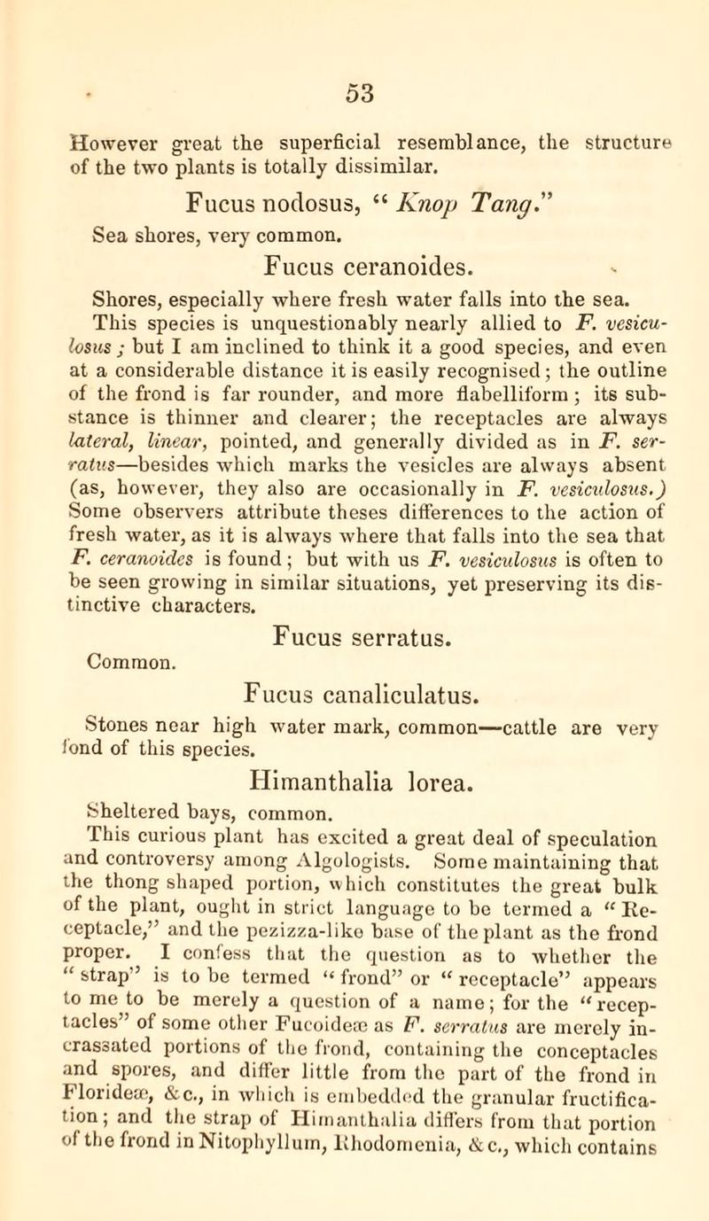 However great the superficial resemblance, the structure of the two plants is totally dissimilar. Fucus noclosus, “ Knop Tang. Sea shores, very common. Fucus ceranoides. Shores, especially where fresh water falls into the sea. This species is unquestionably nearly allied to F. vesicu- losus ; but I am inclined to think it a good species, and even at a considerable distance it is easily recognised; the outline of the frond is far rounder, and more flabelliform ; its sub- stance is thinner and clearer; the receptacles are always lateral, linear, pointed, and generally divided as in F. ser- ratus—besides which marks the vesicles are always absent (as, however, they also are occasionally in F. vesicidosus.) Some observers attribute theses differences to the action of fresh water, as it is always where that falls into the sea that F. ceranoides is found; but with us F. vesiculosus is often to be seen growing in similar situations, yet preserving its dis- tinctive characters. Fucus serratus. Common. Fucus canaliculatus. Stones near high water mark, common—cattle are very fond of this species. Himanthalia lorea. Sheltered bays, common. This curious plant has excited a great deal of speculation and controversy among Algologists. Some maintaining that the thong shaped portion, which constitutes the great bulk of the plant, ought in strict language to be termed a “ Re- ceptacle,” and the pezizza-liko base of the plant as the frond proper. I confess that the question as to whether the “ strap” is to be termed “ frond” or “ receptacle” appears to me to be merely a question of a name; for the “recep- tacles” of some other Fucoidefc as F. serratus are merely in- crassated portions of the frond, containing the conceptacles and spores, and differ little from the part of the frond in Florideao, &c., in which is embedded the granular fructifica- tion; and the strap of Himanthalia differs from that portion of the frond in Nitophyllum, lthodomenia, &c., which contains