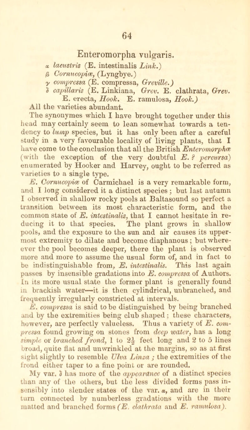 Enteromorpha vulgaris. a. lacustris (E. intestinalis Link.) fi Cornucopia, (Lyngbye.) y compressa (E. compressa, Greville.) I capillaris (E. Linkiana, Grcv. E. clathrata, Grev. E. erecta, Hook. E. ramulosa, Hook.) All the varieties abundant. The synonymes which I have brought together under this head may certainly seem to lean somewhat towards a ten- dency to lump species, but it has only been after a careful study in a very favourable locality of living plants, that I have come to the conclusion that all the British Enteromorpha (with the exception of the very doubtful E. ? percursa) enumerated by Hooker and Harvey, ought to be referred as varieties to a single type. E. Cornucopia! of Carmichael is a very remarkable form, and I long considered it a distinct species; but last autumn I observed in shallow rocky pools at Baltasound so perfect a transition between its most characteristic form, and the common state of E. intestinalis, that I cannot hesitate in re- ducing it to that species. The plant grows in shallow pools, and the exposure to the sun and air causes its upper- most extremity to dilate and become diaphanous; but where- ever the pool becomes deeper, there the plant is observed more and more to assume the usual form of, and in fact to be indistinguishable from, E. intestinalis. This last again passes by insensible gradations into E. compressa of Authors. In its more usual state the former plant is generally found in brackish water—it is then cylindrical, unbranched, and frequently irregularly constricted at intervals. E. compressa is said to be distinguished by being branched and by the extremities being club shaped; these characters, however, are perfectly valueless. Thus a variety of E. com- pressa found growing on stones from deep water, has a long simple, or branched frond, 1 to 21 feet long and 2 to 5 lines broad, quite Hat and unwrinkled at the margins, so as at first sight slightly to resemble Ulva Lima ; the extremities of the frond either taper to a fine point or are rounded. My var. S has more of the appearance of a distinct species than any of the others, but the less divided forms pass in- sensibly into slender states of the var. a, and are in their turn connected by numberless gradations with the more matted and branched forms (E. clathrata and E. ramulosa).