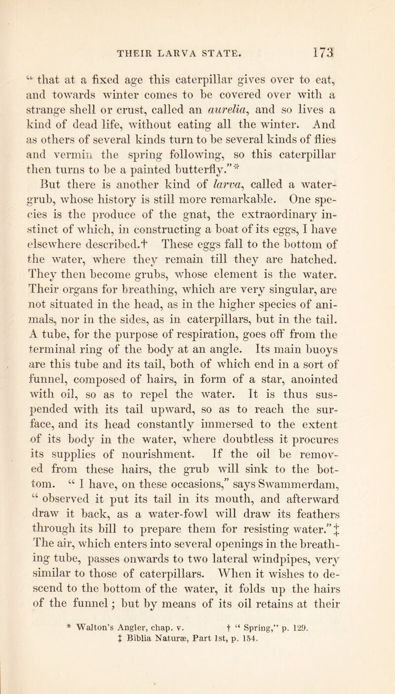 u that at a fixed age this caterpillar gives over to eat, and towards winter comes to be covered over with a strange shell or crust, called an aurelici, and so lives a kind of dead life, without eating all the winter. And as others of several kinds turn to be several kinds of flies and vermin the spring following, so this caterpillar then turns to be a painted butterfly.”* But there is another kind of larva, called a water- grub, whose history is still more remarkable. One spe- cies is the produce of the gnat, the extraordinary in- stinct of which, in constructing a boat of its eggs, I have elsewhere described, t These eggs fall to the bottom of the water, where they remain till they are hatched. They then become grubs, whose element is the water. Their organs for breathing, which are very singular, are not situated in the head, as in the higher species of ani- mals, nor in the sides, as in caterpillars, but in the tail. A tube, for the purpose of respiration, goes off from the terminal ring of the body at an angle. Its main buoys are this tube and its tail, both of which end in a sort of funnel, composed of hairs, in form of a star, anointed with oil, so as to repel the water. It is thus sus- pended with its tail upward, so as to reach the sur- face, and its head constantly immersed to the extent of its body in the water, where doubtless it procures its supplies of nourishment. If the oil be remov- ed from these hairs, the grub will sink to the bot- tom. “ I have, on these occasions,” says Swammerdam, “ observed it put its tail in its mouth, and afterward draw it back, as a water-fowl will draw its feathers through its bill to prepare them for resisting water.” 7 The air, which enters into several openings in the breath- ing tube, passes onwards to two lateral windpipes, very similar to those of caterpillars. When it wishes to de- scend to the bottom of the water, it folds up the hairs of the funnel; but by means of its oil retains at their * Walton’s Angler, chap. v. t “ Spring, p. 129. t Biblia Naturae, Part 1st, p. 154.