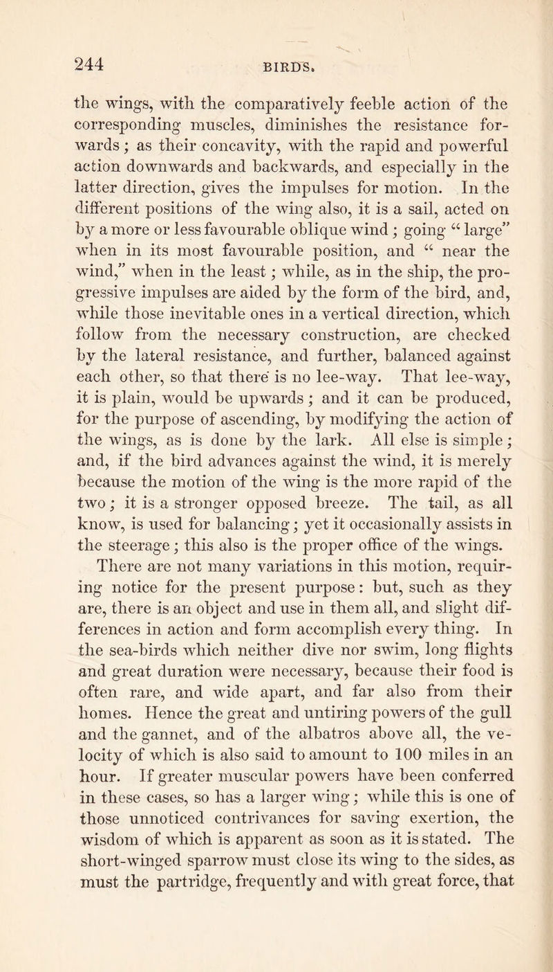 the wings, with the comparatively feeble action of the corresponding muscles, diminishes the resistance for- wards ; as their concavity, with the rapid and powerful action downwards and backwards, and especially in the latter direction, gives the impulses for motion. In the different positions of the wing also, it is a sail, acted on b}^ a more or less favourable oblique wind; going “ large” when in its most favourable position, and “ near the wind,” when in the least; while, as in the ship, the pro- gressive impulses are aided by the form of the bird, and, while those inevitable ones in a vertical direction, which follow from the necessary construction, are checked by the lateral resistance, and further, balanced against each other, so that there is no lee-way. That lee-way, it is plain, would be upwards; and it can be produced, for the purpose of ascending, by modifying the action of the wings, as is done by the lark. All else is simple; and, if the bird advances against the wind, it is merely because the motion of the wing is the more rapid of the two; it is a stronger opposed breeze. The tail, as all know, is used for balancing; yet it occasionally assists in the steerage; this also is the proper office of the wings. There are not many variations in this motion, requir- ing notice for the present purpose: but, such as they are, there is an object and use in them all, and slight dif- ferences in action and form accomplish every thing. In the sea-birds which neither dive nor swim, long flights and great duration were necessary, because their food is often rare, and wide apart, and far also from their homes. Hence the great and untiring powers of the gull and the gannet, and of the albatros above all, the ve- locity of which is also said to amount to 100 miles in an hour. If greater muscular powers have been conferred in these cases, so has a larger wing; while this is one of those unnoticed contrivances for saving exertion, the wisdom of which is apparent as soon as it is stated. The short-winged sparrow must close its wing to the sides, as must the partridge, frequently and with great force, that