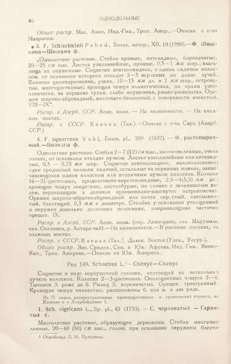 ОДНОДОЛЬНЫЕ Общее распр. Мал. Азия, Инд.Тим., іроп. Амер.,—Описан с о-ва Маврикия. ф 3. Р. 5с1іІ8сЬкіпіі Р о Ь е Д., Ботан. матер., XII, 18 (1950).—Ф. Шиш¬ кина—Шишкин ф. „Однолетнее растение. Стебли прямые, нитевидные, бороздчатые, 20_25 см выс. Листья узколинейные, прямые, 0,5 — 1 мм шир.; влага¬ лища их опушенные. Соцветие зонтиковидное, с одним сидячим колос¬ ком, от основания которого отходят 3—5 неравных по длине лучей. Колоски цилиндрические, узкие, 10—15 ММ дл. и 2 ММ шир., острова- тые, многоцветковые; кроющая чешуя эллиптическая, по краям узко¬ пленчатая, на вершине тупая, слабо опушенная, ржаво-рыжеватая. Оре¬ шек широко-яйцевидный, желтовато-беловатый, с поверхности ячеистый. VIII—IXй. Распр. в Лзерб. ССР. Ленк. низм. — На низменности. — На влаж¬ ных местах. Распр. в СССР. Кавказ (Зал.). — Описан с о-ва Сара (Азерб. ССР.) 4. Р. 8цпагго5а V а Ь 1, Епига. рі., 289 (1837). — Ф. растопырен¬ ный.— Вызвагы ф. Однолетнее растение. Стебли 2—7 (12) см выс., многочисленные, очень тонкие, от основания отходят пучком. Листья узколинейные или ниіевид- ные, 0,5 — 0,75 мм шир. Соцветие зонтиковидное, малоколосковое; один срединный колосок сидячий, остальные на неравных ножках, закан¬ чивающихся одним колоском или вторичным пучком колосков. Колоски 16 — 21-цветковые, продолговато-веретеновидные, 2,5 4(5,5) мм дл., кроющие чешуи ланцетные, светлобурые, по спинке с зеленоватым ки¬ лем, переходящим в длинное крючковидно-изогнутое остроконечие. Орешек широко-обратнояйцевидный или почти округлый, светложел- тый, блестящий, 0,5 мм в диаметре. Столбик у основания утолщенный и окружен довольно длинными волосками, покрывающими частично орешек. IX. Распр. в Азерб. ССР. Ленк. низм. (окр. Ленкорани, сел. Марушлы, сел. Ольховка, р. Астара-чай).—На низменности.■ В рисовых посевах, на влажных местах. Распр. в СССР. Кавказ (Тал.), Дальн. Восток (У дек., Уссур.). Общее распр. Зап. Средиз., Сев. и Юж. Африка, Инд. Тим., Японо* Кит., Троп. Америка.—Описан из Юж. Америки. Род 149. Зсйоепиз Ь.1—Схенус—Схенус Соцветие в виде верхушечной головки, состоящей из нескольких пучков колосков. Колоски 2—3-цветковые. Околоцветных чешуек 3 6. Тычинок 3, реже до 6. Рылец 3, ворсинчатых. Орешек трехгранный. Кроющие чешуи килеватые, расположены б. или м. в два ряда. Из 70 видов, распространенных преимущественно в тропических странах, на Кавказе и в Азербайджане 1. 1. 5с!і. пі§тісап5 І_.,5р. рі., 43 (1753). — С. черноватый - Тарам- ТЫЛ с. Многолетнее растение, образующее дерновины. Стебли многочис¬ ленные, 20—60 (80) см выс., голые, при основании окружены блестя- 1 Обработал Л. И. Прилипко.