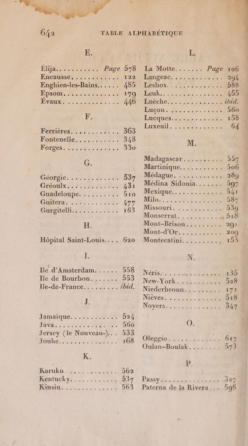 6/42 E. Éljas esse Page 578 ENCAUSSORENE RS € 122 Enghien-les-Bains.. .... 485 ÉPsOmM ee. Ci te 179 ÉVAURE LA NS, 446 F. RPPERAETOS 2 CR ee DO Fontenelle.,.......... 348 HOrpes MERE ee 330: G. KréOTgie MES 2 537 Greouix Mir) ous, 431 _ Guadeloupe. .,....... b1o CORAN ES 477 CHRETIENS, 1. RES 163 EF. [. Ile d'Amsterdam. . .... 558 Île de Bourbon....... 553 Ile-de-France..,...... chi, . J. JAMAIQUE LU. RENAN 524 TAVAS 52e M DAFT 660 Jersey (le Nouveau-)... 533 JOUhE, LR NME, 168 K. ROTTIRTAUEN de ENT 562 Béntuckve.. .…. Jet 537 DRE et RES 563 L. La Motte... ,... Page 106 FAngeac 158 20 294 Lesbos RAR + NOO uk. RL RUE 455 échers ir ree chid. LÉO EE NP -. 560% Lucques hs. .ice 158 4 Fnixrenil, Fe RAS? 64 … M. Madagascar,....... ne bb Martinique: . 00 5o6 : Médague. 505 32e 289 Médina Sidonia....... 597 Mexique... 541 MEUG/ COURS CSS 587 Missouri... ere 539 Donserrale EE. : 510 Mont-Brison......... 291 Mont-d'Or ee 209 Montecatini:.5.7 153 N. INERIS 246. ASS NES 135 New-York... 36 10e 528 Niederbronn. 171 Nièxés::. 42. RES 518 Noyers: Sie. RSS 347 O. Oléggios 4.2.2, RO Oulan-Boulak, ....... 573 P. PASS VIE ludo CR 327 Paterna de la Rivera ,..