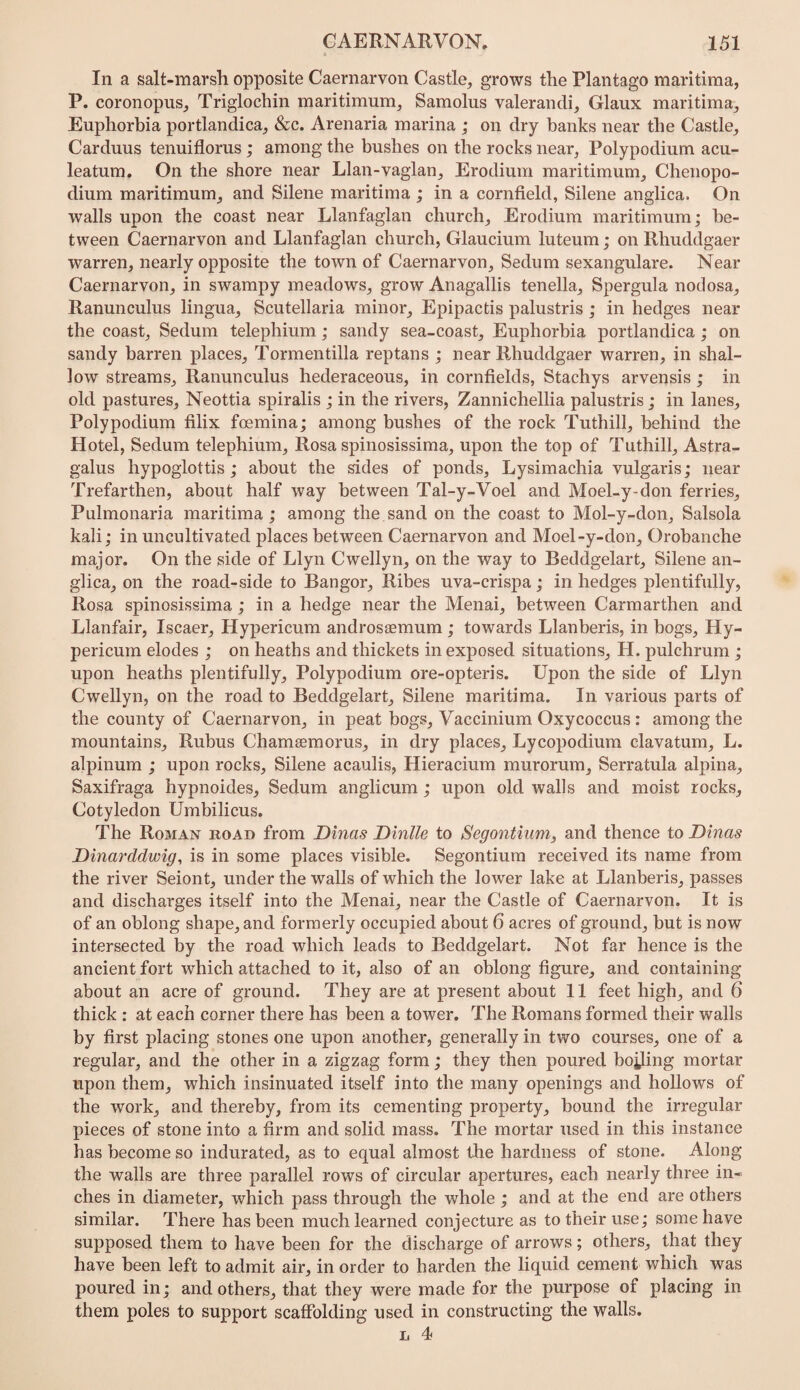 In a salt-marsli opposite Caernarvon Castle, grows the Plantago maritima, P. coronopus, Triglochin maritimum, Samolus valerandi, Glaux maritima. Euphorbia portlandica, &c. Arenaria marina ; on dry hanks near the Castle, Carduus tenuiflorus ; among the bushes on the rocks near, Polypodium acu- leatum. On the shore near Llan-vaglan, Erodium maritimum, Cheiiopo- dium maritimum, and Silene maritima ; in a cornfield, Silene anglica. On walls upon the coast near Llanfaglan church, Erodium maritimum; be¬ tween Caernarvon and Llanfaglan church, Glaucium luteum; on Rhuddgaer warren, nearly opposite the town of Caernarvon, Sedum sexangulare. Near Caernarvon, in swampy meadows, grow Anagallis tenella, Spergula nodosa. Ranunculus lingua, Scutellaria minor, Epipactis palustris ,* in hedges near the coast, Sedum telephium; sandy sea-coast. Euphorbia portlandica; on sandy barren places, Tormentilla reptans ; near Rhuddgaer warren, in shal¬ low streams. Ranunculus hederaceous, in cornfields, Stachys arvensis ; in old pastures, Neottia spiralis ; in the rivers, Zannichellia palustris; in lanes. Polypodium filix foemina; among bushes of the rock Tuthill, behind the Hotel, Sedum telephium, Rosa spinosissima, upon the top of Tuthill, Astra¬ galus hypoglottis; about the sides of ponds, Lysimachia vulgaris; near Trefarthen, about half way between Tal-y-Voel and Moel-y-don ferries, Pulmonaria maritima; among the sand on the coast to Mol-y-don, Salsola kali; in uncultivated places between Caernarvon and Moel-y-don, Orobanche major. On the side of Llyn Cwellyn, on the way to Beddgelart, Silene an¬ glica, on the road-side to Bangor, Ribes uva-crispa; in hedges plentifully, Rosa spinosissima; in a hedge near the Menai, between Carmarthen and Llanfair, Iscaer, Hypericum androsaemum ; towards Llanberis, in bogs, Hy¬ pericum elodes ; on heaths and thickets in exposed situations, H. pulchrum ; upon heaths plentifully. Polypodium ore-opteris. Upon the side of Llyn Cwellyn, on the road to Beddgelart, Silene maritima. In various parts of the county of Caernarvon, in peat bogs, Vaccinium Oxycoccus: among the mountains, Rubus Chamaemorus, in dry places. Lycopodium clavatum, L. alpinum ; upon rocks, Silene acaulis, Hieracium murorum, Serratula alpina, Saxifraga hypnoides, Sedum anglicum; upon old walls and moist rocks. Cotyledon Umbilicus. The Roman road from Dinas Dinlle to Segontium, and thence to Dinas Dinarddwig, is in some places visible. Segontium received its name from the river Seiont, under the walls of which the lower lake at Llanberis, passes and discharges itself into the Menai, near the Castle of Caernarvon. It is of an oblong shape, and formerly occupied about 6 acres of ground, but is now intersected by the road which leads to Beddgelart. Not far hence is the ancient fort which attached to it, also of an oblong figure, and containing about an acre of ground. They are at present about 11 feet high, and 6 thick : at each corner there has been a tower. The Romans formed their walls by first placing stones one upon another, generally in two courses, one of a regular, and the other in a zigzag form; they then poured boiling mortar upon them, which insinuated itself into the many openings and hollows of the work, and thereby, from its cementing property, bound the irregular pieces of stone into a firm and solid mass. The mortar used in this instance has become so indurated, as to equal almost the hardness of stone. Along the walls are three parallel rows of circular apertures, each nearly three in¬ ches in diameter, which pass through the whole ; and at the end are others similar. There has been much learned conjecture as to their use; some have supposed them to have been for the discharge of arrows; others, that they have been left to admit air, in order to harden the liquid cement which was poured in; and others, that they were made for the purpose of placing in them poles to support scaffolding used in constructing the walls. L 4