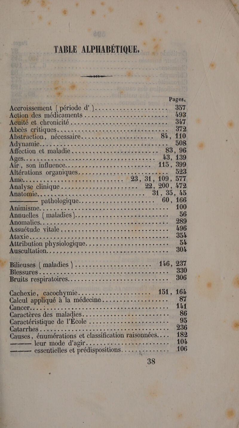 TABLE ALPHABÉTIQUE, ee. 0 + Pages, Aegroissement (période d’,..............,...... 397 sde médicaments .. ....:.......4.. .… … 493 Aoanté et. chranicité .…........ Le 0e NN RS SL TEE 347 ADCÈS GritiQues . «use eee eo end érnertie 20000 312 ASTACUON., . nécessaire. : . 22. » à à avale 3lole oi oo 84, 110 A 06.0... aicec Don 908 M con ef maladie. à 2... 042, ollnndesifet de 83, 96 RES. - Eu us AMAR RS RU DO 2 ou rai t cu Dm 115, 399 Altérations organiques........,. OPÉRANT CE 523 Pi RIRES 95,91, 109, 914 MBALYSS CHNIQUE...esrrrerssreseums 22, 200, 472 PR 31, 39, 45 ———— pathologique...................... 60, 166 1 100 Annuelles { maladies}...,..............:.,...... 56 re: er 4+ at... 0h 289 cs «elec e dues 496 D)... +... 14... 304 Attribution physiologique. ,................... 0 54 dns pe 304 Bilieuses { maladies } .......... SRE LT 146, 237 5... +. D Er. 330 Bruits respiratoires. ............e....se.sesvses 306 Cachexie, cacochymie..................... 151, 16% Calcul appliqué à la médecine.............:..... 87 ee + Nine ere 141 Caractères des maladiés. ............%,...... à: AA Caractéristique de l'Ecole ...............,...,... 95 MAP An... os. ja selere se vs 236 Causes, énumérations et classification raisonnées.... 182 —— leur mode d’agir.............. LAS RARE 104 ——— essentielles et prédispositions. ....,........ 106