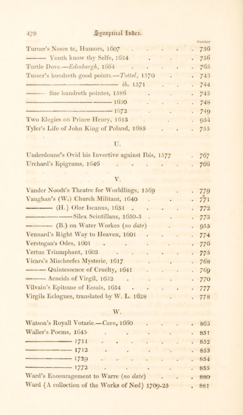 4/8 Synoptical InDcx. Number Turner’s Nosce te, Humors, 1607 ..... 756 Youth know thy Selfe, 1 C5'24 . . . 756 Turtle Dove.—Edinburgh, 1064 ..... 765 Tusser’s huudreth good points.— Tot tel, 1/5 7 0 . . 7**3 ib. 1571 . . . 744 fiue hundreth pointes, 1586 . . . 7^5 1030 .... 748 ■ 1072 . . .7^9 Two Elegies on Prince Ilenry, 1013 . . . 954 Tyler’s Life of John King of Poland, 10S5 . . . 755 U. Underdoune’s Ovid liis Invective against Ibis, 1577 . 767 Urchard’s Epigrams, 1040 . .* . . . . 766 . V. Yander Noodt’s Theatre for Worldlings, 1509 . . 779 Vaughan’s (W.) Church Militant, 1040 . . .771 (II.) Olor Iscanus, 1651 ..... 772 Silex Scintillans, 1650-5 . . . 773 (B.) on Water Workes (no date) . . 955 Vennard’s Right Way to Heaven, 1001 .... 774 Verstegan’s Odes, 1001 . . . . *776 Yertue Triumphant, 1003 ...... 775 Yicars’s Mischeefes Mysterie, 1017 . . . 768 Quintessence of Cruelty, 1041 . . . . 769 — Aeneids of Virgil, 1632 .... 770 Yilvain’s Epitome of Essais, 1654 ..... 777 Yirgils Eclogues, translated by W. L. 1628 . .778 W. Watson’s Royall Votarie.— Caen, 1000 .... 865 Waller’s Poems, 1045 . . . , .851 17II 852 1712 ..... 853 1729 * 854 17/2 . . . . .855 Ward’s Encouragement to Warre (no date) . . . 880 Ward (A collection of the Works of Ned) 1709-23 . 881