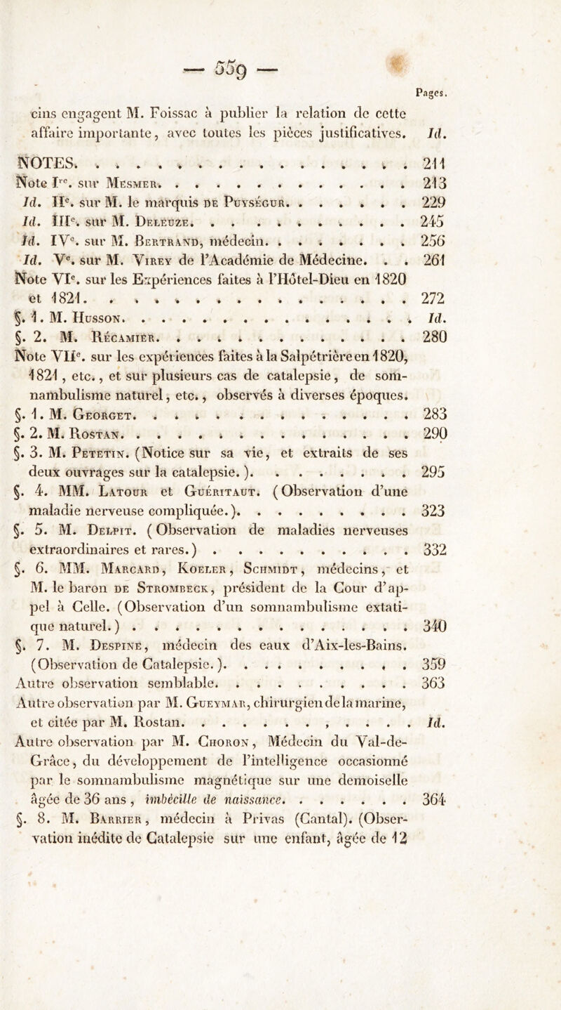 Pages. cilis engagent M. Foissac à publier la relation de cette affaire importante, avec toutes les pièces justificatives. Id. NOTES» . 211 Note T®, sur Mesmer .213 Id, IP. sur M. le marquis de Puységur. ...... 229 Id, IIP. sur M. Deléüze, . . .»*.»... 245 Id, IV°. sur M. Bertrand, médecin 255 Id. V®. sur M. ViREY de l’Académie de Médecine. . . 261 Note VP. sur les Expériences faites à l’Hotel-Dieu en 1820 et 1821. . 272 1. M. Husson Id. §. 2. M. Récamiér. 280 Note VIP. sur les expériences faites à la Salpétrière en 1820, 1821 , etc., et sur plusieurs cas de catalepsie, de sorti- nambulisme naturel, etc., observés à diverses époques. §. 1. M. Georget. . * i . 283 §. 2. M. Rostan. . . . . i 290 §. 3. M. Petëtin. (Notice sur sa vie, et extraits de ses deux ouvrages sur la catalepsie. ) * . 295 §. 4. MM. Latour et Guéritaut. ( Observation d’une maladie nerveuse compliquée.) 323 §. 5. M. Delpit. ( Observation de maladies nerveuses extraordinaires et rares. ) 332 §. 6. MM. Marcard, Koeler, Schmidt, médecins, et M. le baron de Strombegk, président de la Cour d’ap- pel à Celle. (Observation d’un somnambulisme extati- que naturel. ) 340 7. M. Despinë, médecin des eaux d’Aix-les-Bains. (Observation de Catalepsie. ) . 359 Autre observation semblable. . 363 Autre observation par M. Gueymar, chirurgien de la marine, et citée par M. Rostan . . . . Id. Autre observation par M. Choron, Médecin du Yal-de- Grâce, du développement de l’intelligence occasionné par le somnambulisme magnétique sur une demoiselle âgée de 36 ans , imbéciUe de naissance 364 §. 8. Pd. Barrier , médecin à Privas (Cantal). (Obser- vation inédite de Catalepsie sur une enfant, âgée de 12