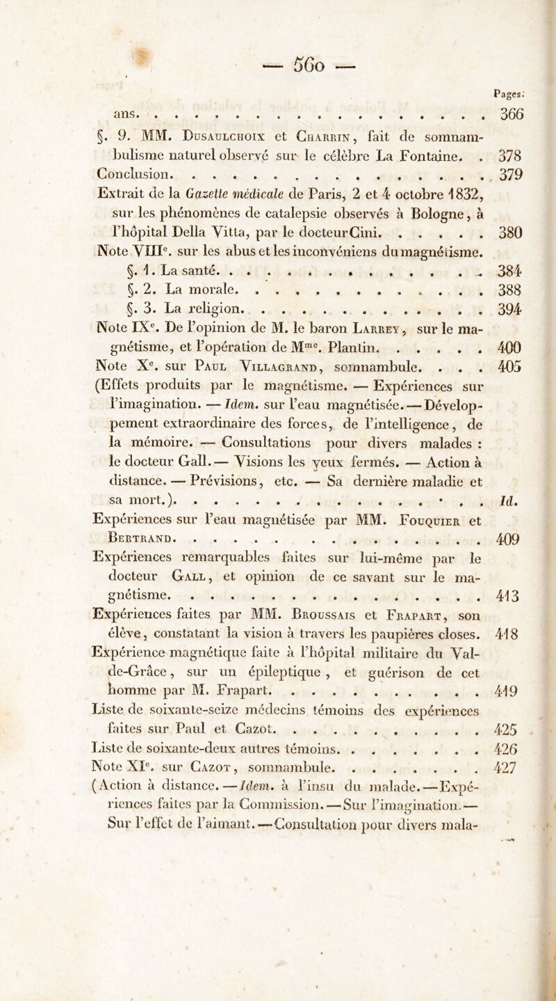Pages. ans 366 §. 9. MM. Dusaulchoix et Charpjn , fait de somnam- bulisme naturel observé sur le célèbre La Fontaine. . 378 Conclusion .379 Extrait de la Gazette médicale de Paris, 2 et 4 octobre i832, sur les phénomènes de catalepsie observés à Bologne, à rhôpital Délia Vitta, par le docteurCini 380 Note YIII®. sur les abus et les inconvéniens dumagnéiisme. §. E La santé 384 §.2. La morale 388 §.3. La religion 394 Note IX®. De l’opinion de M. le baron Larrey , sur le ma- gnétisme, et l’opération de M'”®. Plantin 400 Note X®. sur Paul Villagrand, somnambule. . . . 405 (Effets produits par le magnétisme. — Expériences sur l’imagination. — Idem, sur l’eau magnétisée. — Dévelop- pement extraordinaire des forces, de l’intelligence, de la mémoire. — Consultations pour divers malades : le docteur Gall.— Visions les yeux fermés. — Action à distance. — Prévisions, etc. — Sa dernière maladie et sa mort.) * . . Id. Expériences sur l’eau magnétisée par MM. Fouquier et Bertrand 409 Expériences remarquables faites sur lui-méme par le docteur Gall , et opinion de ce savant sur le ma- gnétisme 413 Expériences faites par MM. Broussais et Frapart, son élève, constatant la vision à travers les j^aupières closes. 418 Expérience magnétique faite à l’hôpital militaire du Yal- de-Grâce, sur un épileptique , et guérison de cet homme par M. Frapart 419 Liste de soixante-seize médecins témoins des expériences faites sur Paul et Cazot 425 lâste de soixante-deux autres témoins 426 Note XI®. sur Cazot , somnambule 427 (Action à distance.—Idem, à l’insu du malade.—Expé- riences faites par la Commission. — Sur l’imagination.— Sur l’effet de l’aimant.—Consultation pour divers mala-