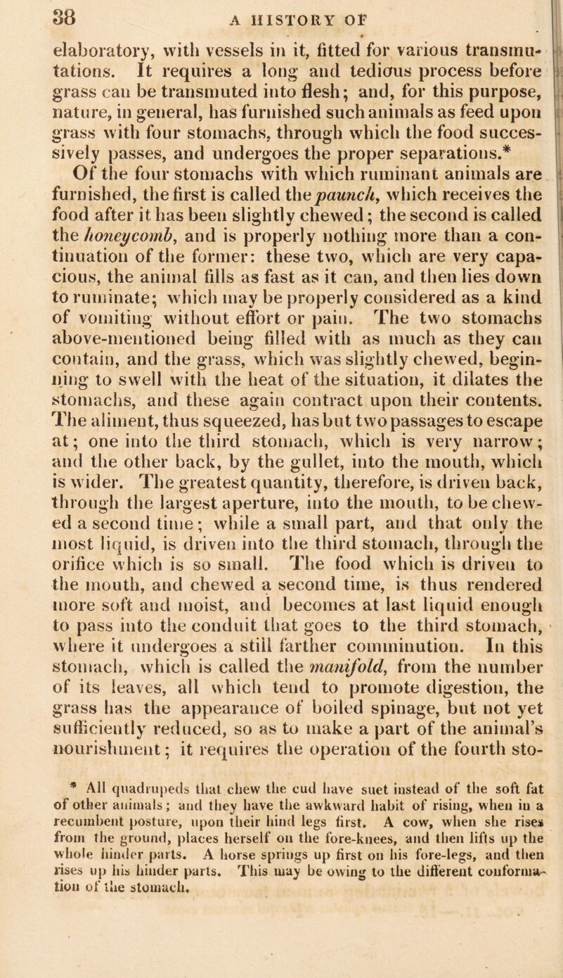 elaboratory, with vessels in it, fitted for various transmu- tations. It requires a long and tedious process before grass can be transmuted into flesh; and, for this purpose, nature, in general, has furnished such animals as feed upon grass with four stomachs, through which the food succes- sively passes, and undergoes the proper separations.* Of the four stomachs with which ruminant animals are furnished, the first is called the paunchy which receives the food after it has been slightly chewed; the second is called ! the honeycomb, and is properly nothing more than a con- tinuation of the former: these two, which are very capa- cious, the animal fills as fast as it can, and then lies down to ruminate; which may be properly considered as a kind of vomiting without effort or pain. The two stomachs above-mentioned being filled with as much as they can contain, and the grass, which was slightly chewed, begin- ning to swell with the heat of the situation, it dilates the stomachs, and these again contract upon their contents. The aliment, thus squeezed, has but two passages to escape at; one into the third stomach, which is very narrow; and the other back, by the gullet, into the mouth, which is wider. The greatest quantity, therefore, is driven back, through the largest aperture, into the mouth, to be chew- ed a second time; while a small part, and that only the most liquid, is driven into the third stomach, through the orifice which is so small. The food which is driven to the mouth, and chewed a second time, is thus rendered more soft and moist, and becomes at last liquid enough to pass into the conduit that goes to the third stomach, where it undergoes a still farther comminution. In this stomach, which is called the manifold, from the number of its leaves, all which tend to promote digestion, the grass has the appearance of boiled spinage, but not yet sufficiently reduced, so as to make apart of the animal’s nourishment; it requires the operation of the fourth sto- * All quadrupeds that chew the cud have suet instead of the soft fat of other animals; and they have the awkward habit of rising, when in a recumbent posture, upon their hind legs first. A cow, when she rises from the ground, places herself on the fore-knees, and then lifts up the whole hinder parts. A horse springs up first on his fore-legs, and then rises up his hinder parts. This uiay be owing to the different conforma- tion of the stomach.