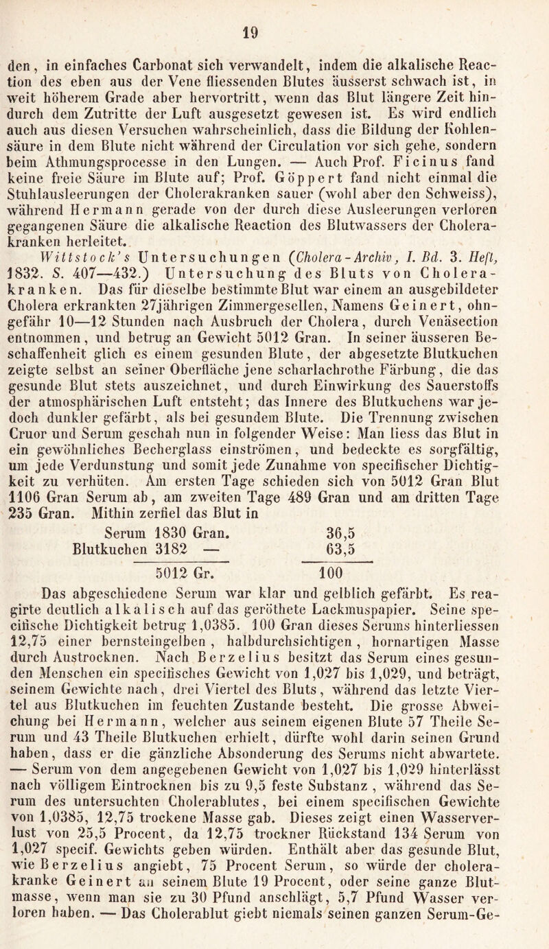 den, in einfaches Carbonat sich verwandelt, indem die alkalische Reac- tion des eben aus der Vene fliessenden Blutes äusserst schwach ist, in weit höherem Grade aber hervortritt, wenn das Blut längere Zeit hin- durch dem Zutritte der Luft ausgesetzt gewesen ist. Es wird endlich auch aus diesen Versuchen wahrscheinlich, dass die Bildung der Kohlen- säure in dem Blute nicht während der Circulation vor sich gehe, sondern beim Athmungsprocesse in den Lungen. — Auch Prof. Ficinus fand keine freie Säure im Blute auf; Prof. Göppert fand nicht einmal die Stuhlausleerungen der Cholerakranken sauer (wohl aber den Schweiss), während Hermann gerade von der durch diese Ausleerungen verloren gegangenen Säure die alkalische Reaction des Blutwassers der Cholera- kranken herleitet. Wittsto ck’ s Untersuchungen (Cholera- Archiv, I. Bd. 3. Flefl, 1832. S. 407—432.) Untersuchung des Bluts von Cholera- kranken. Das für dieselbe bestimmte Blut war einem an ausgebildeter Cholera erkrankten 27jährigen Zimmergesellen, Namens Ge inert, ohn- gefähr 10—12 Stunden nach Ausbruch der Cholera, durch Venäsection entnommen, und betrug an Gewicht 5012 Gran, In seiner äusseren Be- schaffenheit glich es einem gesunden Blute, der abgesetzte Blutkuchen zeigte selbst an seiner Oberfläche jene scharlachrothe Färbung, die das gesunde Blut stets auszeichnet, und durch Einwirkung des Sauerstoffs der atmosphärischen Luft entsteht; das Innere des Blutkuchens war je- doch dunkler gefärbt, als bei gesundem Blute. Die Trennung zwischen Cruor und Serum geschah nun in folgender Weise: Man Hess das Blut in ein gewöhnliches Becherglass einströraen, und bedeckte es sorgfältig, um jede Verdunstung und somit jede Zunahme von specifischer Dichtig- keit zu verhüten. Am ersten Tage schieden sich von 5012 Gran Blut 1106 Gran Serum ab, am zweiten Tage 489 Gran und am dritten Tage 235 Gran. Mithin zerfiel das Blut in Serum 1830 Gran. 36,5 Blutkuchen 3182 — 63,5 5012 Gr. “TOÖ ’ Das abgeschiedene Serum war klar und gelblich gefärbt. Es rea- girte deutlich alkalisch auf das geröthete Lackmuspapier. Seine spe- cifische Dichtigkeit betrug 1,0385. 100 Gran dieses Serums hinterliessen 12,75 einer bernsteingelben , halbdurchsichtigen, hornartigen Masse durch Austrocknen. Nach Berzelius besitzt das Serum eines gesun- den Menschen ein specidsches Gewicht von 1,027 bis 1,029, und beträgt, seinem Gewichte nach, drei Viertel des Bluts, während das letzte Vier- tel aus Blutkuchen im feuchten Zustande besteht. Die grosse Abwei- chung bei Hermann, welcher aus seinem eigenen Blute 57 Theile Se- rum und 43 Theile Blutkuchen erhielt, dürfte wohl darin seinen Grund haben, dass er die gänzliche Absonderung des Serums nicht abwartete. — Serum von dem angegebenen Gewicht von 1,027 bis 1,029 hinterlässt nach völligem Eintrocknen bis zu 9,5 feste Substanz , während das Se- rum des untersuchten Cholerablutes, bei einem specifischen Gewichte von 1,0385, 12,75 trockene Masse gab. Dieses zeigt einen Wasserver- lust von 25,5 Procent, da 12,75 trockner Rückstand 134 Serum von 1,027 specif. Gewichts geben würden. Enthält aber das gesunde Blut, wie Berzelius angiebt, 75 Procent Serum, so würde der cholera- kranke Ge inert an seinem Blute 19 Procent, oder seine ganze Blut- masse, wenn man sie zu 30 Pfund anschlägt, 5,7 Pfund Wasser ver- loren haben. — Das Cholerablut giebt niemals seinen ganzen Serum-Ge-