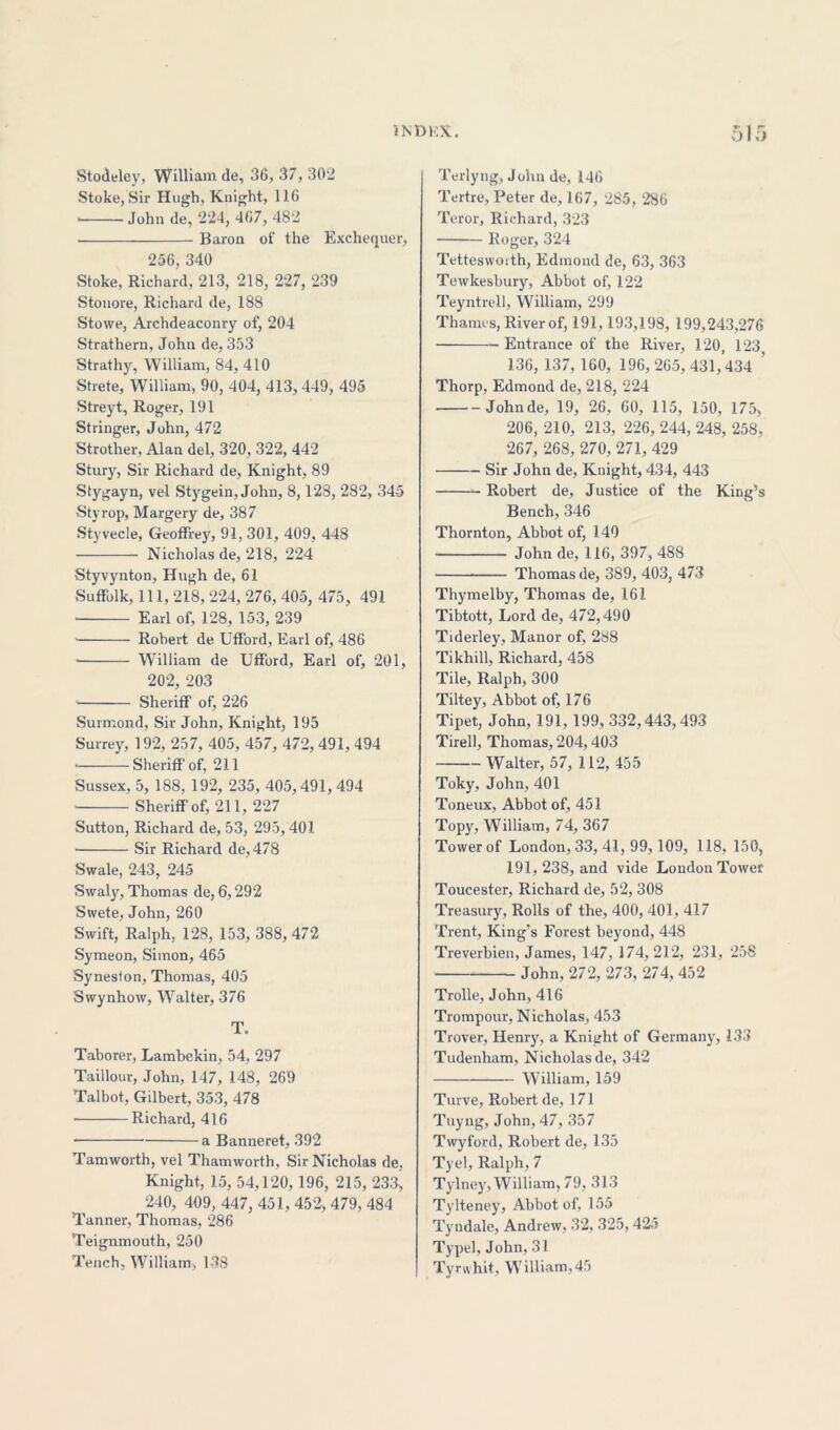 Stodeley, William de, 36, 37, 302 Stoke, Sir Hugh, Knight, 116 John de, 224, 467, 482 Baron of the Exchequer, 256, 340 Stoke, Richard, 213, 218, 227, 239 Stonore, Richard de, 188 Stowe, Archdeaconry of, 204 Strathern, John de, 353 Strathy, William, 84, 410 Strete, William, 90, 404, 413,449, 495 Streyt, Roger, 191 Stringer, John, 472 Strother, Alan del, 320, 322, 442 Stury, Sir Richard de, Knight, 89 Stygayn, vel Stygein, John, 8,128, 282, 345 Styrop, Margery de, 387 Styvecle, Geoffrey, 91, 301, 409, 448 Nicholas de, 218, 224 Styvynton, Hugh de, 61 Suffolk, 111, 218, 224, 276, 405, 475, 491 Earl of, 128, 153, 239 Robert de Ufford, Earl of, 486 William de Ufford, Earl of, 201, 202, 203 Sheriff of, 226 Surmond, Sir John, Knight, 195 Surrey, 192, 257, 405, 457, 472, 491, 494 Sheriff of, 211 Sussex, 5, 188, 192, 235, 405,491, 494 Sheriff of, 211, 227 Sutton, Richard de, 53, 295, 401 Sir Richard de, 478 Swale, 243, 245 Swaly, Thomas de, 6,292 Swete, John, 260 Swift, Ralph, 128, 153, 388, 472 Symeon, Simon, 465 Syneston, Thomas, 405 Swynhow, Walter, 376 T. Taborer, Lambekin, 54, 297 Taillour, John, 147, 148, 269 Talbot, Gilbert, 353, 478 ■ Richard, 416 a Banneret, 392 Tamworth, vel Tham worth, Sir Nicholas de, Knight, 15, 54,120, 196, 215, 233, 240, 409, 447, 451, 452, 479, 484 Tanner, Thomas, 286 Teignmouth, 250 Tench, William, 138 Terlyng, John de, 146 Tertre, Peter de, 167, 285, 286 Teror, Richard, 323 Roger, 324 Tetteswoith, Edmond de, 63, 363 Tewkesbury, Abbot of, 122 Teyntrell, William, 299 Thames, River of, 191,193,198, 199,243,276 Entrance of the River, 120, 123, 136, 137, 160, 196,265,431,434 ’ Thorp, Edmond de, 218, 224 Johnde, 19, 26, 60, 115, 150, 175, 206, 210, 213, 226, 244, 248, 258, 267, 268, 270, 271, 429 Sir John de, Knight, 434, 443 Robert de, Justice of the King’s Bench, 346 Thornton, Abbot of, 140 John de, 116, 397, 488 Thomas de, 389, 403, 473 Thymelby, Thomas de, 161 Tibtott, Lord de, 472,490 Tiderley, Manor of, 288 Tikhill, Richard, 458 Tile, Ralph, 300 Tiltey, Abbot of, 176 Tipet, John, 191, 199, 332,443,493 Tirell, Thomas, 204,403 Walter, 57, 112, 455 Toky, John, 401 Toneux, Abbot of, 451 Topy, William, 74, 367 Tower of London, 33, 41, 99, 109, 118, 150, 191, 238, and vide London Tower Toucester, Richard de, 52, 308 Treasury, Rolls of the, 400, 401, 417 Trent, King’s Forest beyond, 448 Treverbien, James, 147, 174,212, 231, 258 John, 272, 273, 274, 452 Trolle, John, 416 Trompour, Nicholas, 453 Trover, Henry, a Knight of Germany, 133 Tudenham, Nicholas de, 342 William, 159 Turve, Robert de, 171 Tuyng, John, 47, 357 Twyford, Robert de, 135 Tyel, Ralph, 7 Tylney, William, 79, 313 Tylteney, Abbot of, 155 Tyndale, Andrew, 32, 325,425 Typel, John, 31 Tyrwhit, William,45