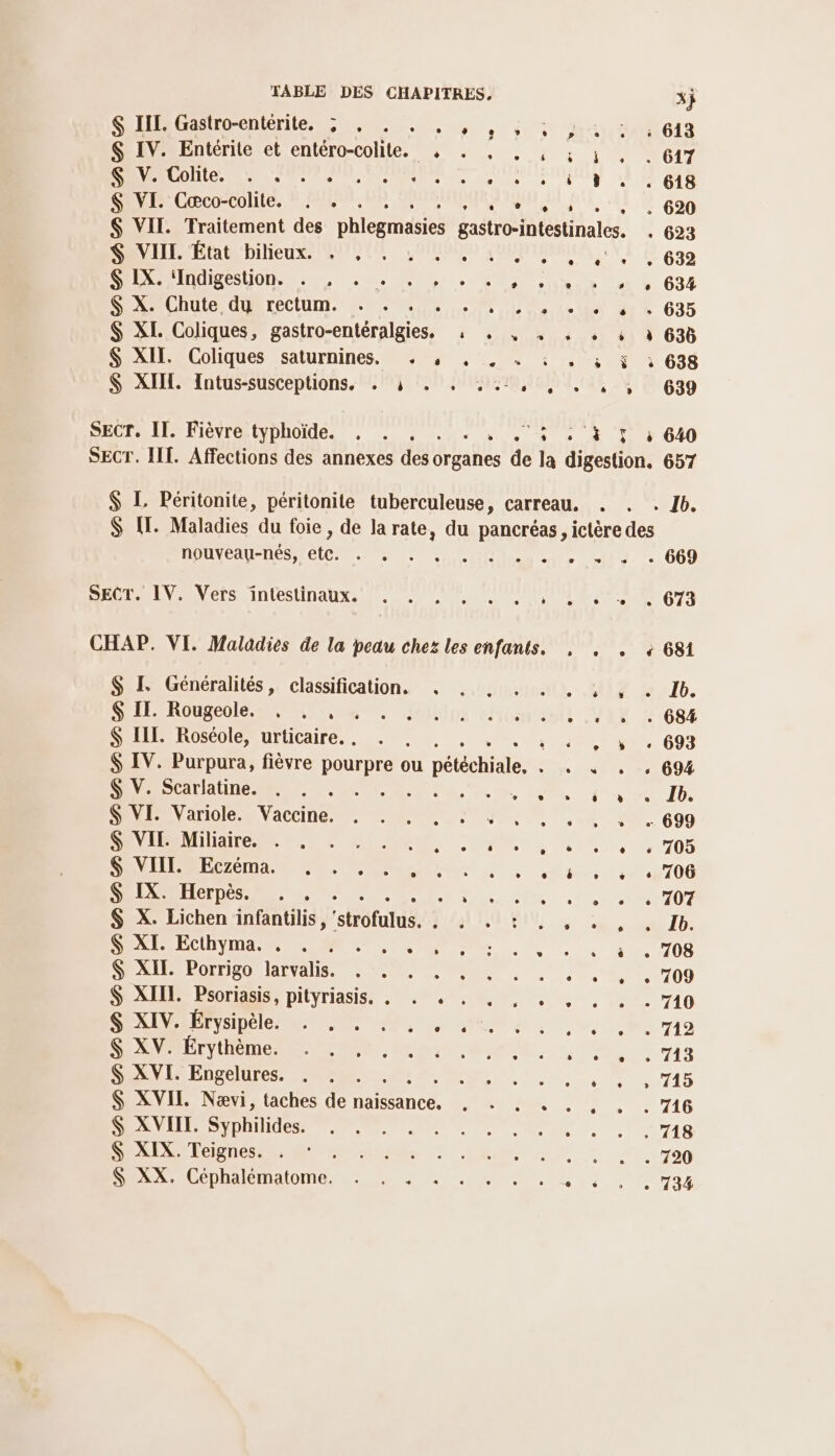 G Li Gastro-entérite, 1.1... .., - $ IV. Entérite et entéro-colite. , . , . ; KS V. Colite. 0 ® 0 ® n e q 0] e e % * i S S VI. Cæco-colite. . . . PARU El 1 SAN EME 'Ditieut MOIDTD LOTO eo NARRUINUITEUON 0, 0. do .- Us $ X. Chute du rectum. . . . PO $ XI. Coliques, ne Nr FH $ XIE. Coliques saturnines. . , , , . : . $ XIIL. Intus-susceptions, . à . . ..., , SECT,. II. Fièvre typhoïde. , . . RER 3} 634 $ L Péritonite, péritonite tuberculeuse, carreau. HOUYEAU-NES, ELON SE url MRCECEV Vers intestinaux. 2 00E, PORTER CHAP. VI. Maladies de la peau chez les enfants. . $ I. Généralités, classification. . $ IT. Rougeole. , , , $ II. Roséole, urticaire. . \ $ IV. Purpura, fièvre pourpre ou pééchile. ! $ V. Scarlatine. ed E- ‘tn $S VE Variole. Vaccine. . . , . . : $ VIL Miliaire. . $ VIII. Eczéma. EN % ART $ IX. Herpès. . . LÉ $ X. Lichen infantilis, eut L 04 EM DAUS LE RENE SEE $ XIT. Porrigo larvalis. re $ XIII. Psoriasis, pityriasis. . . . . . SUXIM A FySipele, m0 40, $ XV. Érythème. $S XVI. Engelures. : 7. $ XVIL Nævi, taches de naissance. , . . . S XVIII. is $S XIX. Teignes. . Re 7 LR 35.7 DS LÉDHAIEIIAIONIE. nus 4 0 VS, à. à 636 638 639 640 657 681 C3 693 694 e e 705 706 707 709 715