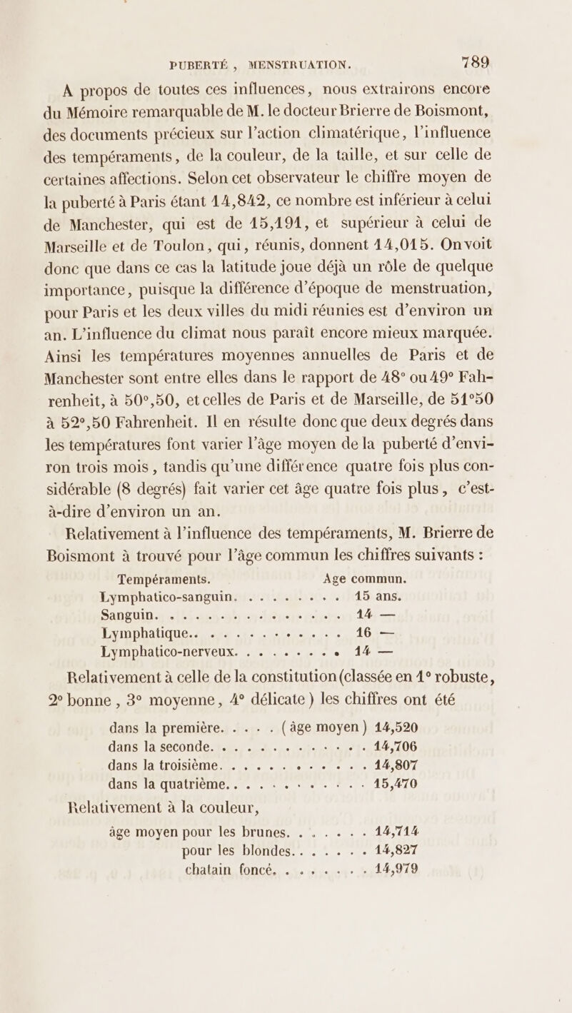 À propos de toutes ces influences, nous extrairons encore du Mémoire remarquable de M. le docteur Brierre de Boismont, des documents précieux sur l’action climatérique, l'influence des tempéraments, de la couleur, de la taille, et sur celle de certaines affections. Selon cet observateur le chiffre moyen de la puberté à Paris étant 14,842, ce nombre est inférieur à celui de Manchester, qui est de 15,191, et supérieur à celui de Marseille et de Toulon, qui, réunis, donnent 44,015. On voit donc que dans ce cas la latitude joue déjà un rôle de quelque importance, puisque la différence d’époque de menstruation, pour Paris et les deux villes du midi réunies est d’environ un an. L'influence du climat nous paraît encore mieux marquée. Ainsi les températures moyennes annuelles de Paris et de Manchester sont entre elles dans le rapport de 48° ou 49° Fah- renheit, à 50°,50, et celles de Paris et de Marseille, de 51°50 à 52,50 Fahrenheit. Il en résulte donc que deux degrés dans les températures font varier l’âge moyen de la puberté d’envi- ron trois mois , tandis qu’une différence quatre fois plus con- sidérable (8 degrés) fait varier cet âge quatre fois plus, c’est- à-dire d'environ un an. Relativement à l'influence des tempéraments, M. Brierre de Boismont à trouvé pour l’âge commun les chiffres suivants : Tempéraments. Age commun. Lymphatico-sanguin. . . . . . . + . 45 ans. Sang in ol ro dy Men oies 14 — Lymphatique.. . . . . .. ee 2, 16:— Lymphatico-nerveux. . . . . . . . + 14 — Relativement à celle de la constitution (classée en 4° robuste, 2 bonne , 3° moyenne, 4° délicate) les chiffres ont été dans la première. . . . . (âge moyen) 14,520 dans larseconde 72 10. Ca Cr: 14,706 dans la troisième. . . . . . 1907 dans le QUAUHIEINE, 0e ee Ne: 45,470 \elativement à la couleur, âge moyen pour les brunes. . . . . . . 14,714 pour les blondes.. . . . . . 14,827 chatain foncé. e e » e ° ° ° 14,979