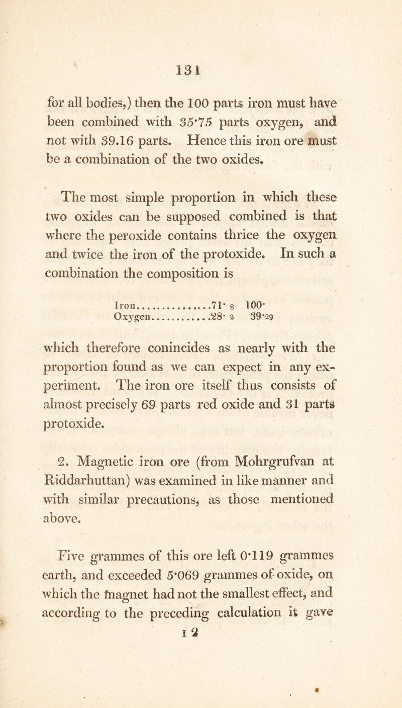 for all bodies,) then the 100 parts iron must have been combined with 35*75 parts oxygen, and not with 39.16 parts. Hence this iron ore must be a combination of the two oxides. The most simple proportion in which these two oxides can be supposed combined is that where the peroxide contains thrice the oxygen and twice the iron of the protoxide. In such a combination the composition is Iron 71- 8 100- Oxygen 28* 3 39*29 which therefore conincides as nearly with the proportion found as we can expect in any ex- periment. The iron ore itself thus consists of almost precisely 69 parts red oxide and 31 parts protoxide. 2. Magnetic iron ore (from Mohrgrufvan at Riddarhuttan) was examined in like manner and with similar precautions, as those mentioned above. Five grammes of this ore left 0*119 grammes earth, and exceeded 5*069 grammes of oxide, on which the fnagnet had not the smallest effect, and according to the preceding calculation it gave I 2