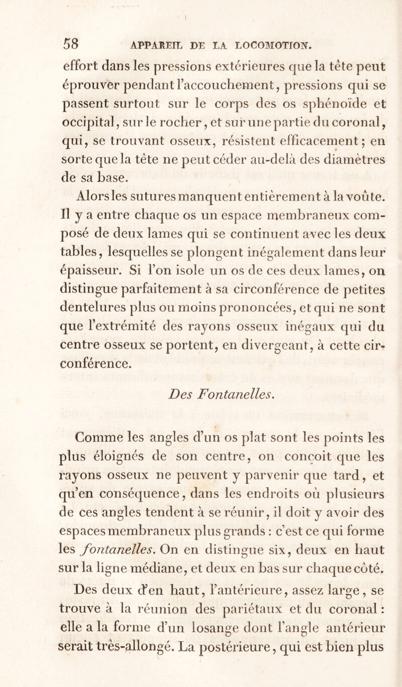 effort dans les pressions extérieures que la tête peut éprouver pendant raccouchement, pressions qui se passent surtout sur le corps des os sphénoïde et occipital J sur le rocher, et sur une partie du coronal, qui, se trouvant osseux, résistent efficacement; en sorte que la tête ne peut céder au-delà des diamètres de sa base. Alors les sutures manquent entièrement à la voûte. Il y a entre chaque os un espace membraneux com- posé de deux lames qui se continuent avec les deux tables, lesquelles se plongent inégalement dans leur épaisseur. Si Ton isole un os de ces deux lames, on distingue parfaitement à sa circonférence de petites dentelures plus ou moins prononcées, et qui ne sont que l’extrémité des rayons osseux inégaux qui du centre osseux se portent, en divergeant, à cette cir- conférence. Des Fontanelles. Comme les angles d’un os plat sont les points les plus éloignés de son centre, on conçoit que les rayons osseux ne peuvent y parvenir que tard, et qu’en conséquence, dans les endroits où plusieurs de ces angles tendent à se réunir, il doit y avoir des espaces membraneux plus grands : c’est ce qui forme les fontanelles. On en distingue six, deux en haut sur la ligne médiane, et deux en bas sur chaque côté. Des deux d’en haut, l’antérieure, assez large, se trouve à la réunion des pariétaux et du coronal : elle a la forme d’un losange dont l’angle antérieur serait très-allongé. La postérieure, qui est bien plus