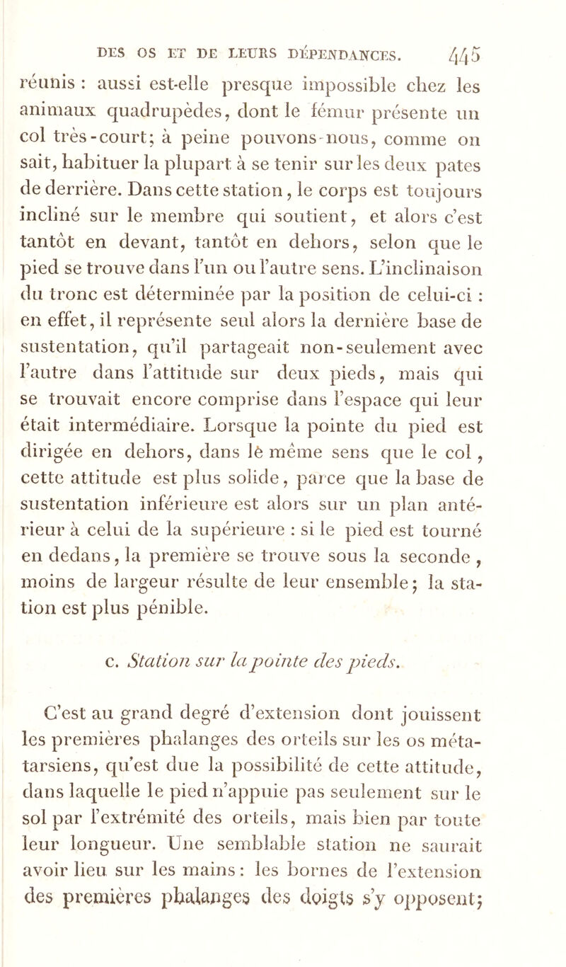 réunis : aussi est-elle presque impossible chez les animaux quadrupèdes, dont le fémur présente un col très-court; à peine pouvons-nous, comme on sait, habituer la plupart à se tenir sur les deux pâtes de derrière. Dans cette station, le corps est toujours incliné sur le membre qui soutient, et alors cest tantôt en devant, tantôt en dehors, selon que le pied se trouve dans Fun ou l’autre sens. L’inclinaison du tronc est déterminée par la position de celui-ci : en effet, il représente seul alors la dernière base de sustentation, qu’il partageait non-seulement avec l’autre dans l’attitude sur deux pieds, mais qui se trouvait encore comprise dans l’espace qui leur était intermédiaire. Lorsque la pointe du pied est dirigée en dehors, dans lè meme sens cpie le col , cette attitude est plus solide, parce que la base de sustentation inférieure est alors sur un plan anté- rieur à celui de la supérieure : si le pied est tourné en dedans, la première se trouve sous la seconde , moins de largeur résulte de leur ensemble; la sta- tion est plus pénible. c. Station sur la pointe des pieds. C’est au grand degré d’extension dont jouissent les premières phalanges des orteils sur les os méta- tarsiens, cpFest due la possibilité de cette attitude, dans laquelle le pied n’appuie pas seulement sur le sol par l’extrémité des orteils, mais bien par toute leur longueur. Une semblable station ne saurait avoir lieu sur les mains : les bornes de l’extension des premières phalanges des doigts s y opposent;