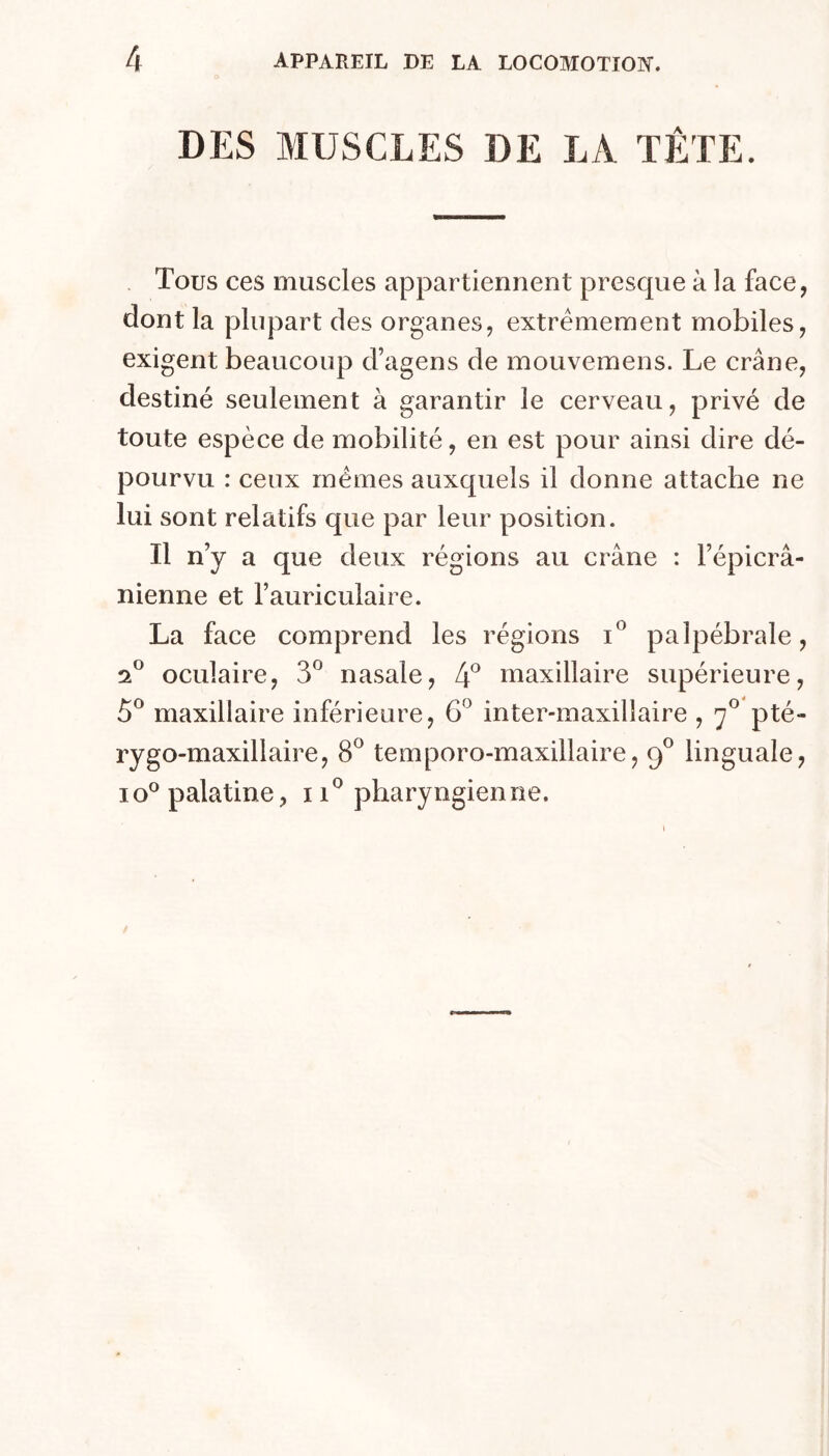 DES MUSCLES DE LA TÊTE. . Tous ces muscles appartiennent presque à la face, dont la plupart des organes, extrêmement mobiles, exigent beaucoup d’agens de mouvemens. Le crâne, destiné seulement à garantir le cerveau, privé de toute espèce de mobilité, en est pour ainsi dire dé- pourvu : ceux mêmes auxquels il donne attache ne lui sont relatifs que par leur position. Il n’y a que deux régions au crâne : l’épicrâ- nienne et l’auriculaire. La face comprend les régions i® palpébrale, oculaire, 3° nasale, If maxillaire supérieure, 5® maxillaire inférieure, 6^^ inter-maxillaire , 7*^ pté- rygo-maxillaire, 8® temporo-maxillaire, 9® linguale, 10® palatine, 11^ pharyngienne.