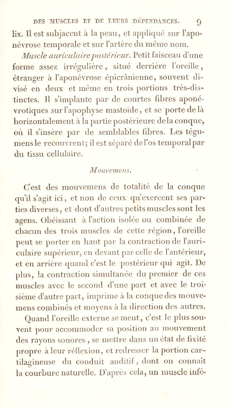 lix. Il est subjaceiit à la peau, et appliqué sur l’apo- névrose temporale et sur l’artère du même nom. Muscle auriculaire postérieur. Petit faisceau d’une forme assez irrégulière, situé derrière l’oreille, étranger à l’aponévrose épicranienne, souvent di- visé en deux et même en trois portions très-dis- tinctes. Il s’implante par de courtes fibres aponé- vrotiques sur l’apophyse mastoïde, et se porte de là horizontalement à la partie postérieure delà conque, où il s’insère par de semblables fibres. Les tégu- mensle recouvrent; il est séparé de l’os temporal par du tissu cellulaire. Monvemens, C’est des mouvemens de totalité de la conque qu’il s’agit ici, et non de ceux cju exercent ses par- ties diverses, et dont d’autres petits muscles sont les agens. Obéissant à l’action isolée ou combinée de chacun des trois muscles de cette région, l’oreille peut se porter en haut par la contraction de l’auri- culaire supérieur, en devant par celle de l’antérieur, et en arrière quand c’est le postérieur c[ui agit. De plus, la contraction simultanée du premier de ces muscles avec le second d’une part et avec le troi- sième d’autre part, imprime à la conque des mouve- mens combinés et moyens à la direction des autres. Quand l’oreille externe se meut, c’est le plus sou- vent pour accommoder sa position au mouvement des rayons sonores , se mettre dans un état de fixité propre à leur réflexion, et redresser la portion car- tilagineuse du conduit auditif, dont on connaît la courbure naturelle. D’après cela, un muscle infé-