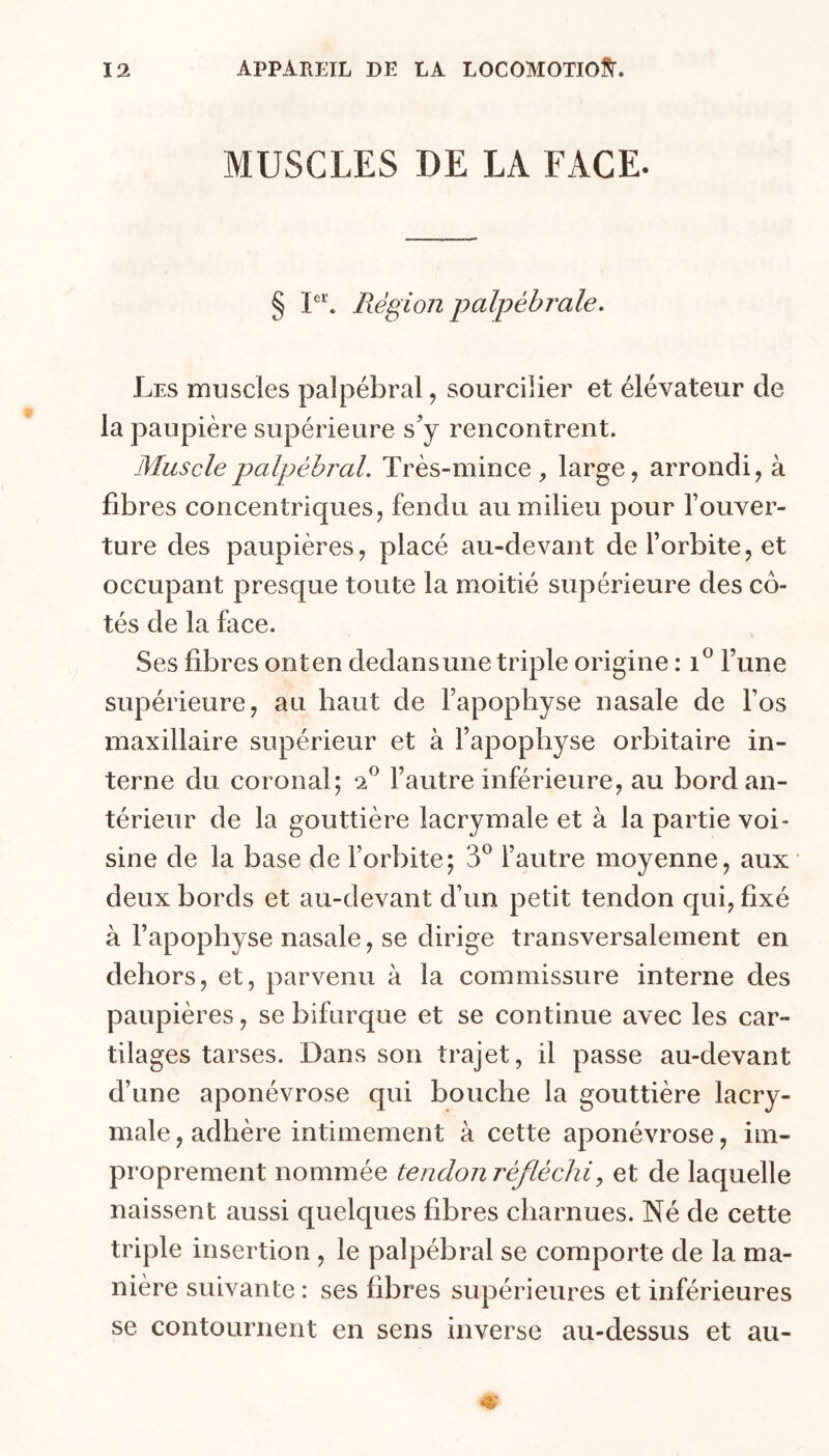 MUSCLES DE LA FACE- § Région palpébrale. Les muscles palpébral, sourcilier et élévateur de la paupière supérieure s'y rencontrent. Muscle palpébral. Très-mince, large, arrondi, à fibres concentriques, fendu au milieu pour l’ouver- ture des paupières, placé au-devant de l’orbite, et occupant presque toute la moitié supérieure des cô- tés de la face. Ses fibres onten dedansune triple origine : i® l’une supérieure, au haut de Fapopbyse nasale de l’os maxillaire supérieur et à l’apophyse orbitaire in- terne du coronal; 2 l’autre inférieure, au bord an- térieur de la gouttière lacrymale et à la partie voi- sine de la base de l’orbite; 3*^ l’autre moyenne, aux deux bords et au-devant d’un petit tendon qui, fixé à l’apophyse nasale, se dirige transversalement en dehors, et, parvenu à la commissure interne des paupières, se bifurque et se continue avec les car- tilages tarses. Dans son trajet, il passe au-devant d’une aponévrose qui bouche la gouttière lacry- male , adhère intimement à cette aponévrose, im- proprement nommée tendon réfléchi, et de laquelle naissent aussi quelques fibres charnues. Né de cette triple insertion , le palpébral se comporte de la ma- nière suivante : ses fibres supérieures et inférieures se contournent en sens inverse au-dessus et au-