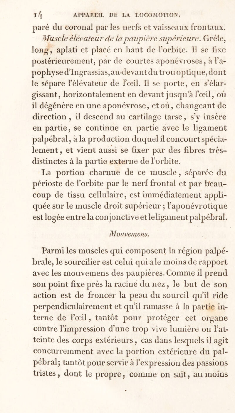 paré du coronal par les nerfs et vaisseaux frontaux. Muscle élévateur de la paupière supérieure. Grêle, long, aplati et placé en haut de Forbite. Il se fixe postérieurement, par de courtes aponévroses, à Fa- pophy se d’Ingrassias, au-devant du trou opticpie, dont le sépare Félévateur de Fœil. Il se porte, en s’élar- gissant, horizontalement en devant jusqu’à Fœil, où il dégénère en une aponévrose, et où, changeant de direction , il descend au cartilage tarse, s’y insère en partie, se continue en partie avec le ligament palpébral, à la production duquel il concourt spécia- lement , et vient aussi se fixer par des fibres très- distinctes à la partie externe de Forbite. La portion charnue de ce muscle, séparée du périoste de Forbite par le nerf frontal et par beau- coup de tissu cellulaire, est immédiatement appli- quée sur le muscle droit supérieur ; Faponévrotique est logée entre la conjonctive et leligament palpébral. Mouçemens, Parmi les muscles qui composent la région palpé- brale, le sourcilier est celui qui ale moins de rapport avec les mouvemens des paupières. Comme il prend son point fixe près la racine du nez, le but de son action est de froncer la peau du sourcil qu’il ride perpendiculairement et qu’il ramasse à la partie in- terne de l’œil, tantôt pour protéger cet organe contre l’impression d’une trop vive lumière ou l’at- teinte des corps extérieurs, cas dans lesquels il agit concurremment avec la portion extérieure du pal- pébral; tantôt pour servir à l’expression des passions tristes, dont le propre j comme on sait, au moins