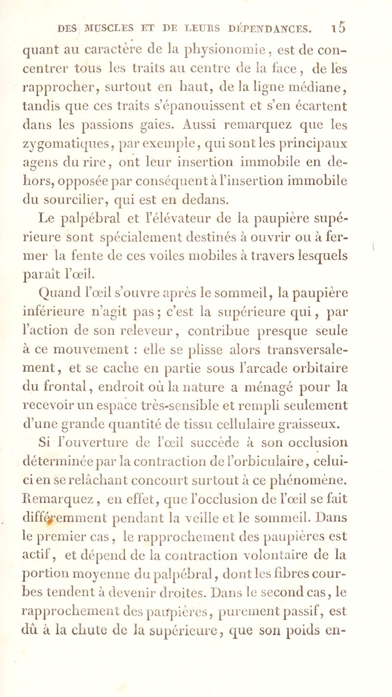 quant au caractère de la physionomie, est de con- centrer tous les traits au centre de la face, de les rapprocher, surtout en haut, de la ligne médiane, tandis que ces traits s’épanouissent et s’en écartent dans les passions gaies. Aussi remarquez que les zygomatiques, par exemple, qui sont les principaux agens du rire, ont leur insertion immobile en de- hors, opposée par conséquent à l’insertion immobile du sourcilier, qui est en dedans. Le palpébral et l’élévateur de la paupière supé- rieure sont spécialement destinés à ouvrir ou à fer- mer la fente de ces voiles mobiles à travers lesquels paraît l’œil. Quand l’œil s’ouvre après le sommeil, la paupière inférieure n’agit pas ; c’est la supérieure qui, par l’action de son releveur, contribue presque seule à ce mouvement : elle se plisse alors transAœrsale- ment, et se cache en partie sous l’arcade orbitaire du frontal, endroit où la nature a ménagé pour la recevoir un espace très-sensible et rempli seulement d’une grande cpiantité de tissu cellulaire graisseux. Si l’ouverture de i’œii succède à son occlusion déterminée par la contraction de l’orbiculaire, celui- ci en se relâchant concourt surtout à ce phénomène. Ptemarquez , en effet, cpie l’occlusion de l’œil se fait diffiÿ’emment pendant la veille et le sommeil. Dans le premier cas, le rapprochement des paupières est actil, et dépend de la contraction volontaire de la portion moyenne du palpébral, dont les fibres cour- bes tendent à devenir droites. Dans le second cas, le rapprochement des paupières, purement passif, est dû à la chute de la supérieure, que son poids en-