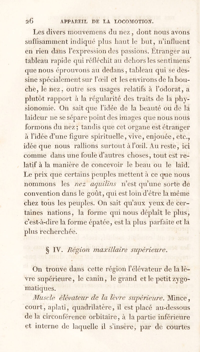 Les divers moiivemens du nez, dont nous avons suffisamment indiqué plus haut le but, n’influent en rien dans l’expression des passions. Étranger au tableau rapide qui réfléchit au dehors les sentimens que nous éprouvons au dedans, tableau qui se des- sine spécialement sur l’œil et les environs de la bou- che, le nez, outre ses usages relatifs à l’odorat, a plutôt rapport à la régularité des traits de la phy- sionomie. On sait que l’idée de la beauté ou de la laideur ne se sépare point des images que nous nous formons du nez ; tandis que cet organe est étranger à l’idée d’une figure spirituelle, vive, enjouée, etc., idée que nous rallions surtout à l’œil. Au reste, ici comme dans une foule d’autres choses, tout est re- latif à la manière de concevoir le beau ou le laid. Le prix que certains peuples mettent à ce que nous nommons les nez aquilins n’est qu’une sorte de convention dans le goût, qui est loin d’étre la même chez tous les peuples. On sait qu’aux yeux de cer- taines nations, la forme qui nous déplaît le plus, c’est-à-dire la forme épatée, est la plus parfaite et la plus recherchée. § IV. Piégion maxillaire supérieure. On trouve dans cette région l’élévateur de la lè- vre supérieure, le canin, le grand et le petit zygo- matiques. Muscle élévateur de la lècre supérieure. Mince, court, aplati, quadrilatère, il est placé au-dessous de la circonférence orbitaire, à la partie inférieure et interne de laquelle il s’insère, par de courtes