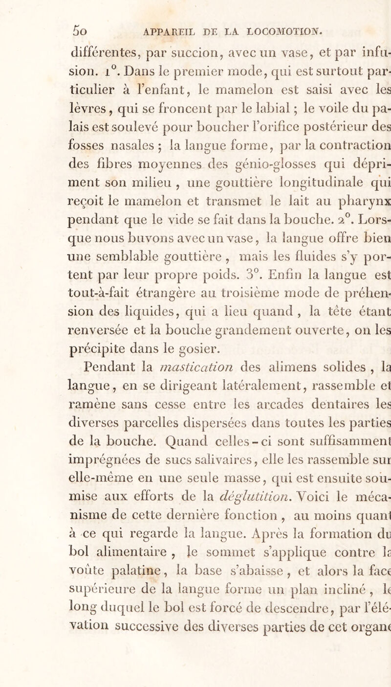 différentes, par succion, avec un vase, et par infu- sion. 1®. Dans le premier mode, qui est surtout par- ticulier à l’enfant, le mamelon est saisi avec les lèvres, qui se froncent par le labial ; le voile du pa- lais est soulevé pour boucher l’orifice postérieur des fosses nasales ; la langue forme, par la contraction des fibres moyennes des génio-giosses c[ui dépri- ment son milieu , une gouttière longitudinale qui reçoit le mamelon et transmet le lait au pharynx pendant que le vide se fait dans la bouche, Lors- que nous buvons avec un vase, la langue offre bien une semblable gouttière , mais les fluides s’y por- tent par leur propre poids. 3*^. Enfin la langue est tout-à-fait étrangère au troisième mode de préhen- sion des liquides, c[ui a lieu c|uand , la tète étant renversée et la bouche grandement ouverte, on les précipite dans le gosier. Pendant la mastication des ahmens solides , la langue, en se dirigeant latéralement, rassemble et ra.mène sans cesse entre les arcades dentaires les diverses parcelles dispersées dans toutes les parties de la bouche. Quand celles-ci sont suffisamment imprégnées de sucs salivaires, elle les rassemble sur elle-même en une seule masse, qui est ensuite sou- mise aux efforts de la déglutition. Voici le méca- nisme de cette dernière fonction , au moins quant à ce c{ui regarde la langue. Après la formation du bol alimentaire , fe sommet s’applique contre îs voûte palatine, la base s’abaisse , et alors la fact supérieure de la langue forme un plan incliné , h long duquel le bol est forcé de descendre, par l’élé- vation successive des diverses parties de cet orgam