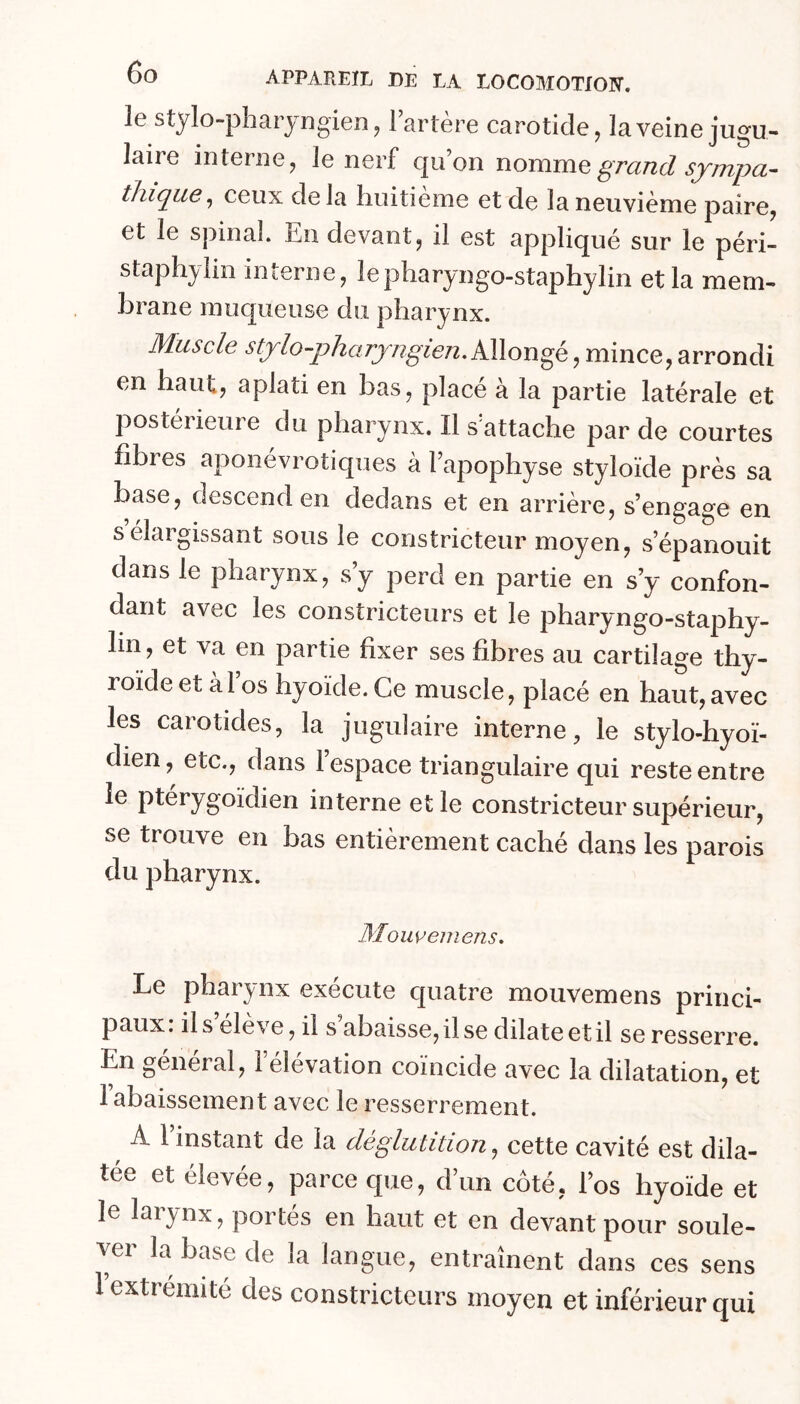 le Stylo-pharyngien J l’artère carotide, la veine jugu- laire interne, le nerf qu’on nomme grand sjmpa- thiq^ue^ ceux de la huitième et de la neuvième paire, et le spinal. En devant, il est appliqué sur le péri- staphylin interne, lepharyngo-staphylin et la mem- brane muqueuse du pharynx. Muscle stjlo-pharjjigiejz.KWon^é, mince, arrondi en haut, aplati en bas, placé à la partie latérale et postérieure du pharynx. Il s attache par de courtes fibres aponévrotiques à l’apophyse styloïde près sa base, descend en dedans et en arrière, s’engage en s élargissant sous le constricteur moyen, s’épanouit dans le pharynx, s’y perd en partie en s’y confon- dant avec les constricteurs et le pharyngo-staphy- lin, et va en partie fixer ses fibres au cartilage thy- roïde et à l’os hyoïde. Ce muscle, placé en haut, avec les carotides, la jugulaire interne, le stylo-hyoï- dien, etc., dans l’espace triangulaire qui reste entre le ptérygoïdien interne et le constricteur supérieur, se trouve en bas entièrement caché dans les parois du pharynx. Mouvemens, Le pharynx exécute c[uatre mouvemens princi- paux .ils ele ve, il s abaissCj il se dilate et il se resserre. En general, 1 élévation coïncide avec la dilatation, et 1 abaissement avec le resserrement. ^ A l’instant de la déglutition, cette cavité est dila- tée et élevée, parce que, d’un côté, l’os hyoïde et le larynx, portés en haut et en devant pour soule- ver la base de la langue, entraînent dans ces sens 1 extrémité des constricteurs moyen et inférieur qui