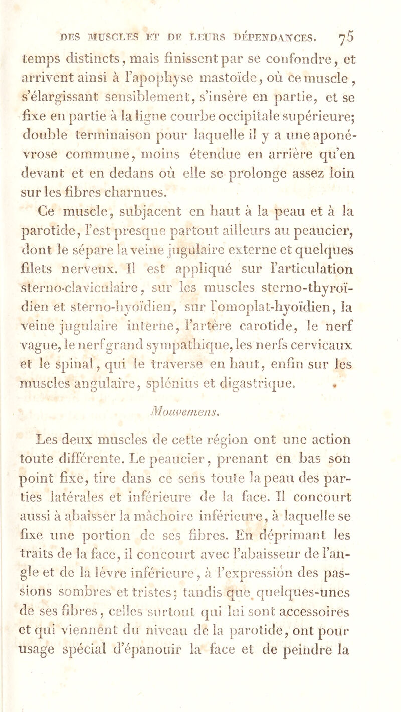 temps distincts, mais finissent par se confondre, et arrivent ainsi à Tapopliyse mastoïde, où ce muscle , s’élargissant sensiblement, s’insère en partie, et se fixe en partie à la ligne courbe occipitale supérieure; double terminaison pour laquelle il y a une apoiié» vrose commune, moins étendue en arrière qu’en devant et en dedans où elle se prolonge assez loin sur les fibres charnues. Ce muscle, subjacent en haut à la peau et à la parotide, l’est presque partout ailleurs au peaucier, dont le sépare la veine jugulaire externe et quelques filets nerveux. Il est appliqué sur l’articulation sterno-clavicîilaire, sur les muscles sterno-thyroï- dien et sterno-hyoïdien, sur fomoplat-hyoïdien, la veine jugulaire interne, l’artère carotide, le nerf vague, le nerf grand sympathicme, les nerfs cervicaux et le spinal, qui le traverse en haut, enfin sur les muscles angulaire, splénius et digastrique. Moiwemens, Les deux muscles de cette région ont une action toute différente. Le peaucier, prenant en bas son point fixe, tire dans ce sens toute la peau des par- ties latérales et inférieure de la face. Il concourt aussi à abaisser la mâchoire inférieure, à laquelle se fixe une portion de ses fibres. En déprimant les traits de la face, il concourt avec l’abaisseiir de l’an- gle et de la lèvre inférieure, à l’expression des pas- sions sombres et tristes; tandis que c[ueiques-unes de ses fibres, celles surtout qui lui sont accessoires et qui viennent du niveau de la parotide, ont pour usage spécial d’épanouir la face et de peindre la
