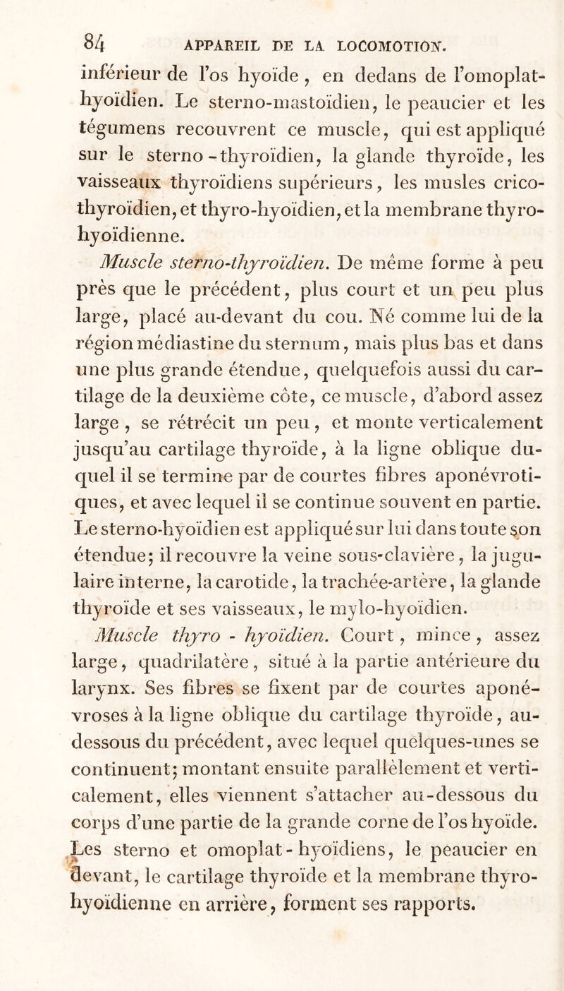inférieur de l’os hyoïde , en dedans de Fomoplat- hyoïdien. Le sterno-inastoïdien, le peaiicier et les tégumens recouvrent ce muscle, qui est appliqué sur le sterno-thyroïdien, la glande thyroïde, les vaisseaux thyroïdiens supérieurs, les musles crico- thyroïdien, et thyro-hyoïdien, et la membrane thy ro- hyoïdienne. Muscle sternoMijroïdien. De meme forme à peu près que le précédent, plus court et un peu plus large, placé au-devant du cou. Né comme lui de la régionmédiastine du sternum, mais plus bas et dans une plus grande étendue, quelquefois aussi du car- tilage de la deuxième côte, ce muscle, d’abord assez large , se rétrécit un peu, et monte verticalement jusqu’au cartilage thyroïde, à la ligne oblique du- quel il se termine par de courtes fibres aponévroti- ques, et avec lequel il se continue souvent en partie. Le sterno-hyoïdien est appliqué sur lui dans toute son étendue; il recouvre la veine sous-clavière, la jugu- laire interne, la carotide, la trachée-artère, la glande thyroïde et ses vaisseaux, le mylo-hyoïdien. Muscle thjro - hyoïdien. Court, mince , assez large, quadrilatère , situé à la partie antérieure du larynx. Ses fibres se fixent par de courtes aponé- vroses à la ligne oblique du cartilage thyroïde, au- dessous du précédent, avec lequel quelques-unes se continuent; montant ensuite parallèlement et verti- calement, elles viennent s’attacher au-dessous du corps d’une partie de la grande corne de l’os hyoïde. Les sterno et omoplat-h^-oïdiens, le peaucier en r devant, le cartilage thyroïde et la membrane thyro- hyoïdienne en arrière, forment ses rapports.