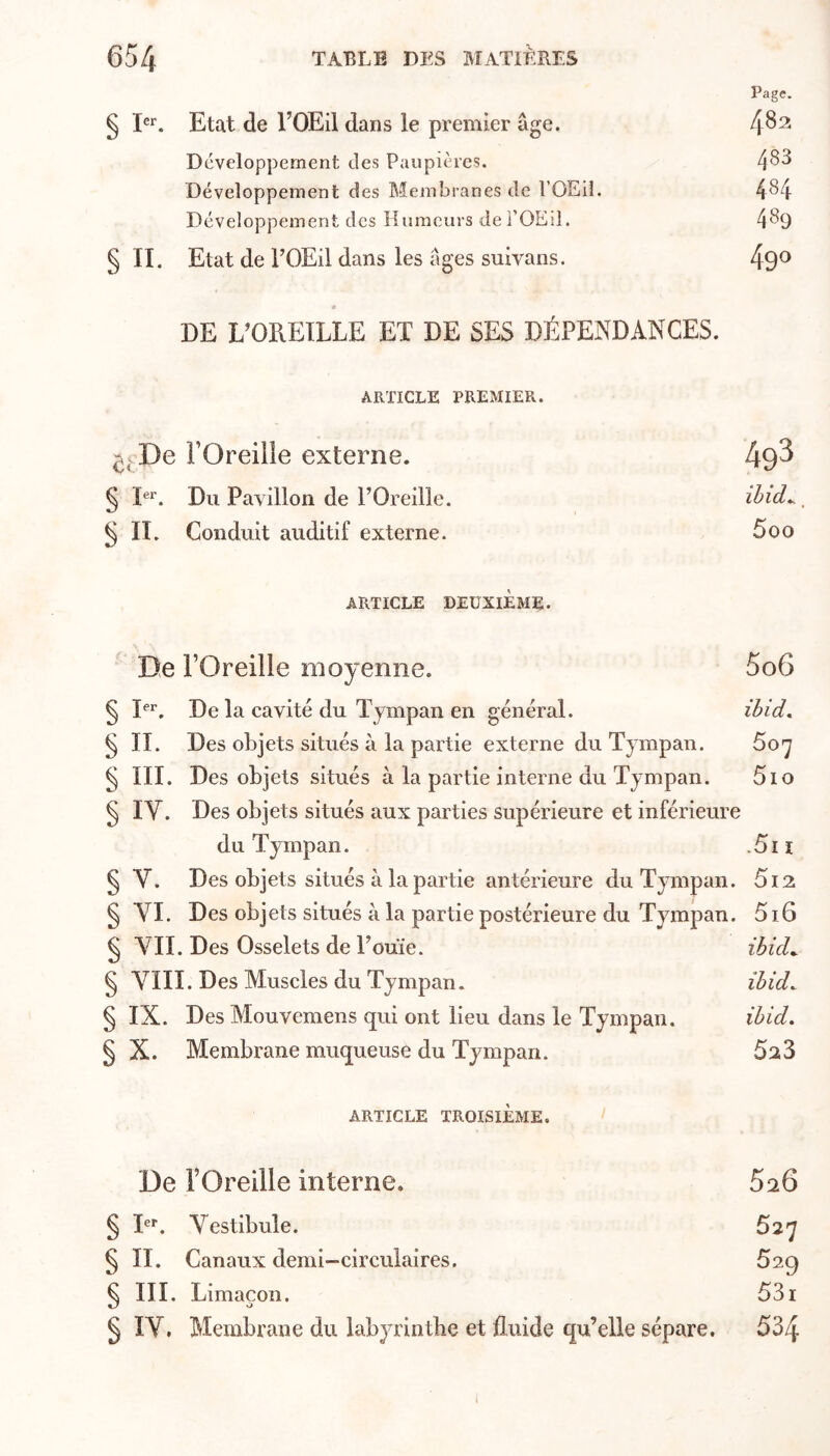 Page. § I- Etat de l’OEil dans le premier âge. 482 Développement des Paupières. 483 Développement des Membranes de l’OEil. 484 Développement des Humeurs del’OEil. 489 § II. Etat de FOEil dans les âges suivans. 490 • DE L’OREILLE ET DE SES DÉPENDANCES. ARTICLE PREMIER. ^^.De rOreille externe. 493 § I». Du Pavillon de l’Oreille. ibid^ § II. Conduit auditif externe. 5oo ARTICLE DEUXIÈME. De l’Oreille moyenne. 5o6 § i“. De la cavité du Tympan en général. ibid. § II. Des objets situés à la partie externe du Tympan. 5o] § III. Des objets situés à la partie interne du Tympan. 5io § IV. Des objets situés aux parties supérieure et inférieure (lu Tympan. .5iï ^ V. Des objets situés à la partie antérieure du Tympan. 5i2 § VI. Des objets situés à la partie postérieure du Tympan. 516 § VII. Des Osselets de Touïe. ibich § VIII. Des Muscles du Tympan. ihid. § IX. Des Mouvemens qui ont lieu dans le Tympan. ibid. § X. Membrane muqueuse du Tympan. 5^3 ARTICLE TROISIÈME. De l’Oreille interne. 5^6 § D*. Vestibule. 52'] § II. Canaux demi-circulaires. 529 ^ III. Limaçon. 531 § IV. Membrane du labyrinthe et fluide qu’elle sépare. 534