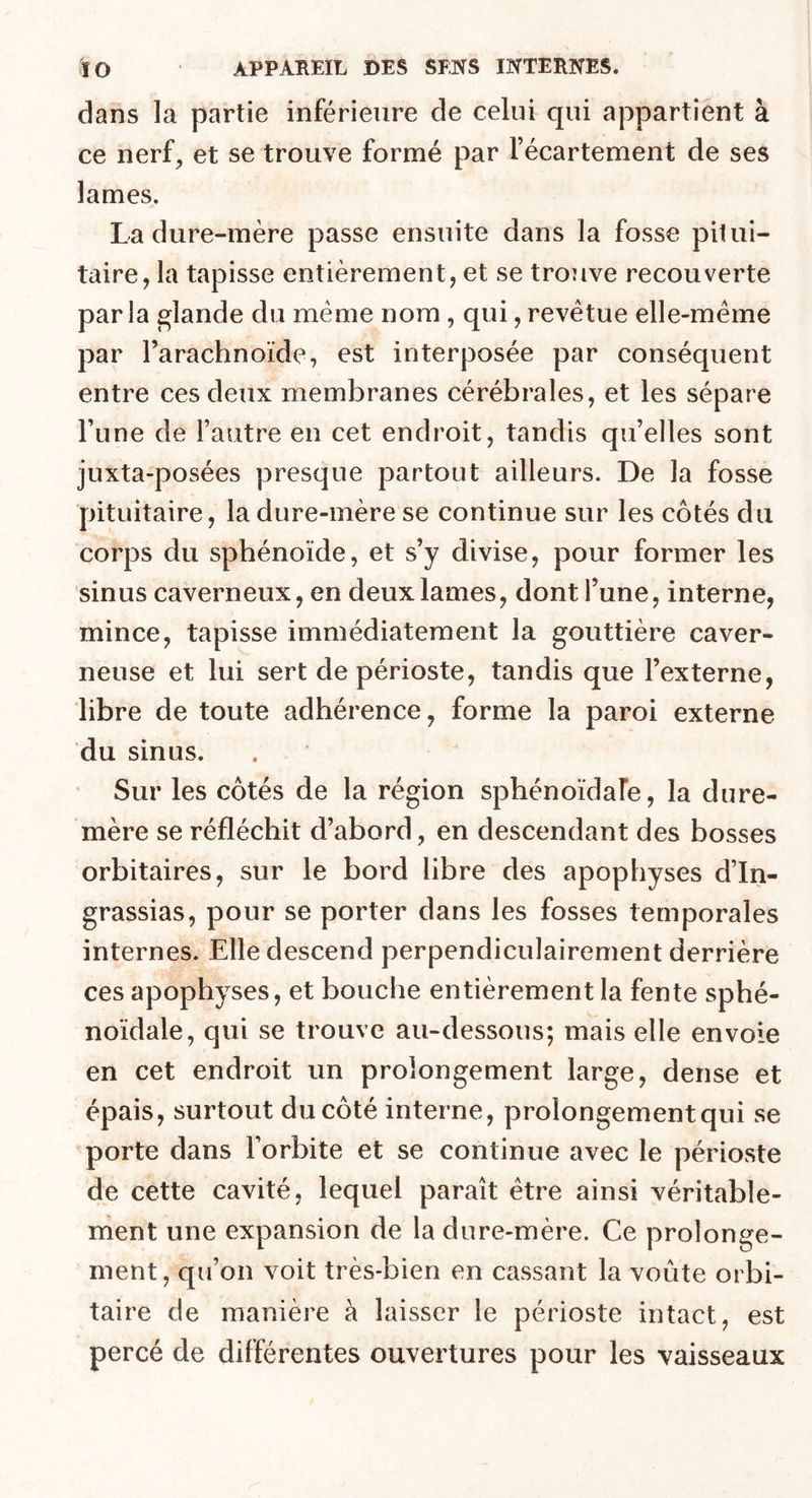 dans la partie inférieure de celui qui appartient à ce nerf, et se trouve formé par l’écartement de ses lames. La dure-mère passe ensuite dans la fosse pitui- taire, la tapisse entièrement, et se trouve recouverte par la glande du meme nom , qui, revêtue elle-même par l’arachnoïde, est interposée par conséquent entre ces deux membranes cérébrales, et les sépare l’une de l’autre en cet endroit, tandis qu’elles sont juxta-posées presque partout ailleurs. De la fosse pituitaire, la dure-mère se continue sur les côtés du corps du sphénoïde, et s’y divise, pour former les sinus caverneux, en deux lames, dont l’une, interne, mince, tapisse immédiatement la gouttière caver- neuse et lui sert de périoste, tandis que l’externe, libre de toute adhérence, forme la paroi externe du sinus. Sur les côtés de la région sphénoïdale, la dure- mère se réfléchit d’abord, en descendant des bosses orbitaires, sur le bord libre des apophyses d’In- grassias, pour se porter dans les fosses temporales internes. Elle descend perpendiculairement derrière ces apophyses, et bouche entièrement la fente sphé- noïdale, qui se trouve au-dessous; mais elle envoie en cet endroit un prolongement large, dense et épais, surtout du côté interne, prolongement qui se porte dans l’orbite et se continue avec le périoste de cette cavité, lequel paraît être ainsi véritable- ment une expansion de la dure-mère. Ce prolonge- ment, qu’on voit très-bien en cassant la voûte orbi- taire de manière à laisser le périoste intact, est percé de différentes ouvertures pour les vaisseaux