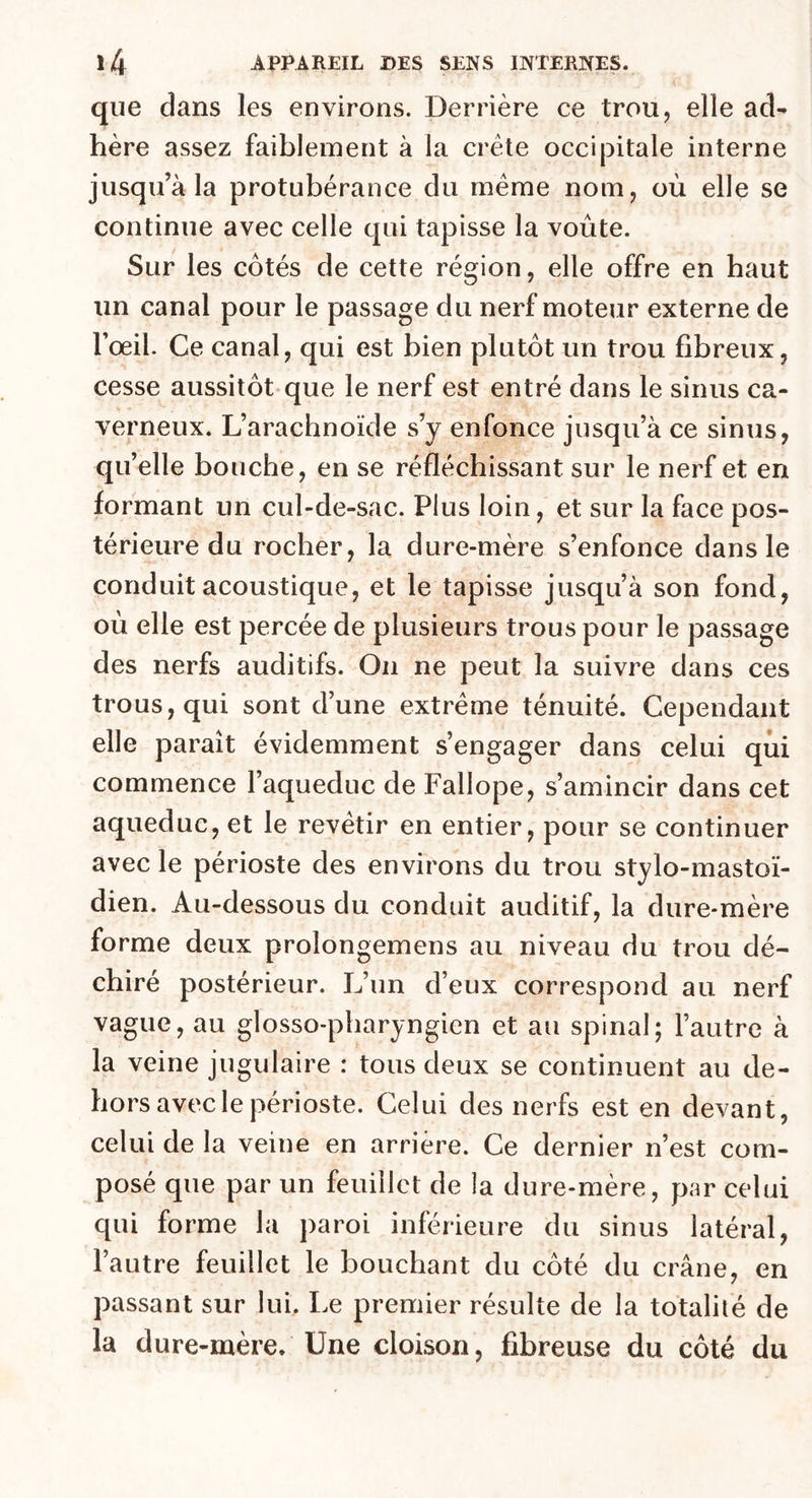 que dans les environs. Derrière ce trou, elle ad- hère assez faiblement à la crête occipitale interne jusqu’à la protubérance du même nom, où elle se continue avec celle qui tapisse la voûte. Sur les côtés de cette région, elle offre en haut un canal pour le passage du nerf moteur externe de l’œil. Ce canal, qui est bien plutôt un trou fibreux, cesse aussitôt que le nerf est entré dans le sinus ca- verneux. L’arachnoïde s’y enfonce jusqu’à ce sinus, qu’elle bouche, en se réfléchissant sur le nerf et en formant un cul-de-sac. Plus loin, et sur la face pos- térieure du rocher, la dure-mère s’enfonce dans le conduit acoustique, et le tapisse jusqu’à son fond, où elle est percée de plusieurs trous pour le passage des nerfs auditifs. On ne peut la suivre dans ces trous, qui sont d’une extrême ténuité. Cependant elle paraît évidemment s’engager dans celui qui commence l’aqueduc de Fallope, s’amincir dans cet aqueduc, et le revêtir en entier, pour se continuer avec le périoste des environs du trou stylo-mastoï- dien. Au-dessous du conduit auditif, la dure-mère forme deux prolongemens au niveau du trou dé- chiré postérieur. L’un d’eux correspond au nerf vague, au glosso-pharyngien et au spinal; l’autre à la veine jugulaire : tous deux se continuent au de- hors avec le périoste. Celui des nerfs est en devant, celui de la veine en arrière. Ce dernier n’est com- posé que par un feuillet de la dure-mère, par celui qui forme la paroi inférieure du sinus latéral, l’autre feuillet le bouchant du côté du crâne, en passant sur lui. Le premier résulte de la totalité de la dure-mère. Une cloison, fibreuse du côté du