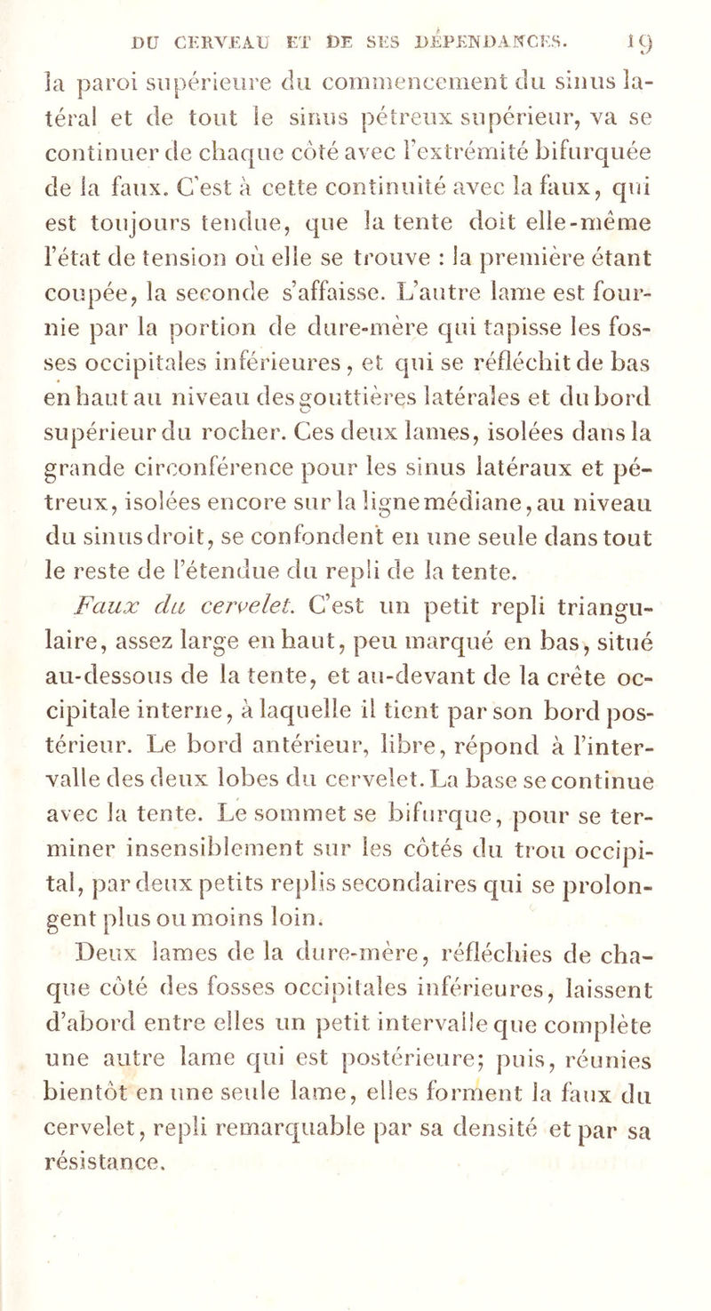 la paroi supérieure du commencement du sinus la- téral et de tout le sinus pétreux supérieur, va se continuer de chaque coté avec l’extrémité bifurquée de la faux. C'est à cette continuité avec la faux, qui est toujours tendue, que la tente doit elle-meme l’état de tension où elle se trouve : la première étant coupée, la seconde s’affaisse. L’autre lame est four- nie par la portion de dure-mère qui tapisse les fos- ses occipitales inférieures , et cpii se réfléchit de bas en haut au niveau des gouttières latérales et du bord supérieur du rocher. Ces deux lames, isolées dans la grande circonférence pour les sinus latéraux et pé- treux, isolées encore sur la ligne médiane, au niveau du sinusdroit, se confondent en une seule dans tout le reste de l’étendue du repii de la tente. Faux du cervelet. C’est un petit repli triangu- laire, assez large en haut, peu marqué en bas, situé au-dessous de la tente, et au-devant de la crête oc- cipitale interne, à laquelle il tient par son bord pos- térieur. Le bord antérieur, libre, répond à l’inter- valle des deux lobes clu cervelet. La base se continue avec la tente. Le sommet se bifurque, pour se ter- miner insensiblement sur les côtés du trou occipi- tal, par deux petits replis secondaires qui se prolon- gent plus ou moins loin. Deux lames de la dure-mère, réfléchies de cha- que côté des fosses occipitales inférieures, laissent d’abord entre elles un petit intervalle que complète une autre lame qui est postérieure; puis, réunies bientôt en une seule lame, elles forment la faux du cervelet, repli remarquable par sa densité et par sa résistance.