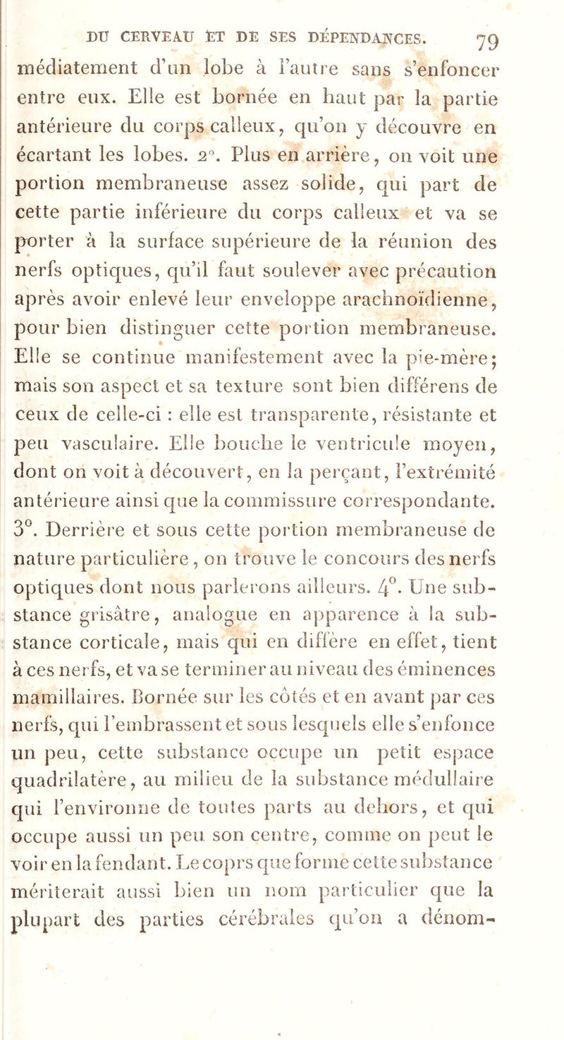médiatement d’un lobe à l’autre sans s’enfoncer entre eux. Elle est bornée en haut par la partie antérieure du corps calleux , qu’on y découvre en écartant ies lobes. 2°. Plus en arrière , on voit une portion membraneuse assez solide, qui part de cette partie inférieure du corps calleux et va se porter à la surface supérieure de la réunion des nerfs optiques, qu’il faut soulever avec précaution après avoir enlevé leur enveloppe arachnoïdienne, pour bien distinguer cette portion membraneuse. Elle se continue manifestement avec la pie-mère; mais son aspect et sa texture sont bien différons de ceux de celle-ci : elle est transparente, résistante et peu vasculaire. Elle bouche le ventricule moyen, dont on voit à découvert, en la perçant, l’extrémité antérieure ainsi que la commissure correspondante. 3°. Derrière et sous cette portion membraneuse de nature particulière, on trouve le concours des nerfs optiques dont nous parlerons ailleurs. 4°* Une sub- stance grisâtre, analogue en apparence à la sub- stance corticale, mais qui en diffère en effet, tient à ces nerfs, et vase terminer au niveau des éminences mamillaires. Bornée sur les côtés et en avant par ces nerfs, qui l’embrassent et sous lesquels elle s’enfonce un peu, cette substance occupe un petit espace quadrilatère, au milieu de la substance médullaire qui l’environne de tontes parts au dehors, et qui occupe aussi un peu son centre, comme on peut le voir en la fendant. Le coprs que forme cette substance mériterait aussi bien un nom particulier que la plupart des parties cérébrales qu’on a dénom-