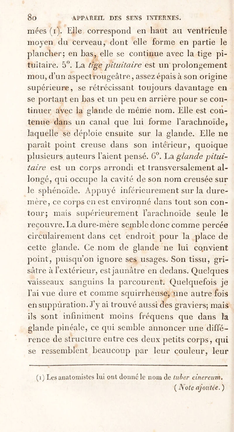 mées (i). Elle correspond en haut au ventricule moyen du cerveau, dont elle forme en partie le plancher; en bas, elle se continue avec la tige pi- tuitaire. 5°. La tige pituitaire est un prolongement mou, d’un aspect rougeâtre, assez épais à son origine supérieure, se rétrécissant toujours davantage en se portant en bas et un peu en arrière pour se con- tinuer avec la glande de même nom. Elle est con- tenue dans un canal que lui forme l’arachnoïde, laquelle se déploie ensuite sur la glande. Elle ne paraît point creuse dans son intérieur, quoique plusieurs auteurs l’aient pensé. 6°. \j& glande pitui- taire est un corps arrondi et transversalement al- longé, qui occupe la cavité de son nom creusée sur le sphénoïde. Appuyé inférieurement sur la dure- mère, ce corps en est environné dans tout son con- tour; mais supérieurement l’arachnoïde seule le recouvre. La dure-mère semble donc comme percée circulairement dans cet endroit pour la place de cette glande. Ce nom de glande ne lui convient point, puisqu’on ignore ses usages. Son tissu, gri- sâtre à l’extérieur, est jaunâtre en dedans. Quelques vaisseaux sanguins la parcourent. Quelquefois je l’ai vue dure et comme squirrheuse, une autre fois en suppuration. J’y ai trouvé aussi des graviers; mais ils sont infiniment moins fréquens que dans la glande pinéale, ce qui semble annoncer une diffé- rence de structure entre ces deux petits corps, qui se ressemblent beaucoup par leur couleur, leur (i) Les anatomistes lui ont donné le nom de tuber cinercum. ( Note ajoutée. )
