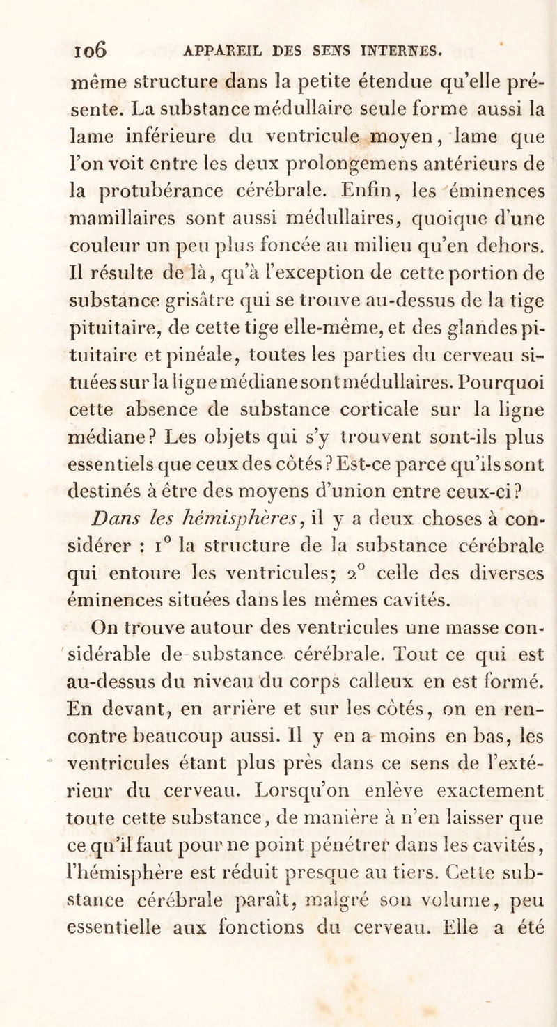 même structure dans la petite étendue qu’elle pré- sente. La substance médullaire seule forme aussi la lame inférieure du ventricule moyen, lame que l’on voit entre les deux prolongemens antérieurs de la protubérance cérébrale. Enfin, les éminences mamillaires sont aussi médullaires, quoique d’une couleur un peu plus foncée au milieu qu’en dehors. Il résulte de là, qu’à l’exception de cette portion de substance grisâtre qui se trouve au-dessus de la tige pituitaire, de cette tige elle-même, et des glandes pi- tuitaire etpinéale, toutes les parties du cerveau si- tuées sur la ligne médiane sont médullaires. Pourquoi cette absence de substance corticale sur la ligne médiane? Les objets qui s’y trouvent sont-ils plus essentiels que ceux des côtés ? Est-ce parce qu’ils sont destinés à être des moyens d’union entre ceux-ci? Dans les hémisphères, il y a deux choses à con- sidérer : i° la structure de la substance cérébrale qui entoure les ventricules; 20 celle des diverses éminences situées dans les mêmes cavités. On trouve autour des ventricules une masse con- sidérable de substance cérébrale. Tout ce qui est au-dessus du niveau du corps calleux en est formé. En devant, en arrière et sur les côtés, on en ren- contre beaucoup aussi. Il y en a moins en bas, les ventricules étant plus près dans ce sens de l’exté- rieur du cerveau. Lorsqu’on enlève exactement toute cette substance, de manière à n’en laisser que ce qu’il faut pour ne point pénétrer dans les cavités, l’hémisphère est réduit presque au tiers. Cette sub- stance cérébrale paraît, malgré son volume, peu essentielle aux fonctions du cerveau. Elle a été