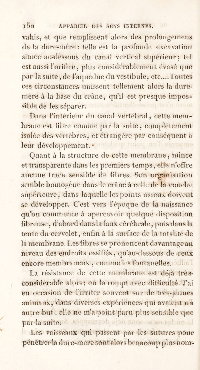 valus, et que remplissent alors des prolongemens de la dure-mère : telle est la profonde excavation située au-dessous du canal vertical supérieur; tel est aussi l’orifice, plus considérablement évasé que par la suite ? de l’aqueduc du vestibule, etc....Toutes ces circonstances unissent tellement alors la dure- mère à la base du crâne, qu’il est presque impos- sible de les séparer. Dans l’intérieur du canal vertébral, cette mem- brane est libre comme par la suite, complètement isolée des vertèbres, et étrangère par conséquent à leur développement. * Quant à la structure de cette membrane, mince et transparente dans les premiers temps, elle n’offre aucune trace sensible de fibres. Son organisation semble homogène dans le crâne à celle de la couche supérieure, dans laquelle les points osseux doivent se développer. C’est vers l’époque de la naissance qu’on commence à apercevoir quelque disposition fibreuse, d’abord dans la faux cérébrale, puis dans la tente du cervelet, enfin à la surface de la totalité de la membrane. Les fibres se prononcent davantage au niveau des endroits ossifiés, qu’âu-dessoiis de ceux encore membraneux , comme les fontanelles. 'La résistance de cette membrane est déjà très- considérable alors; on la rompt avec difficulté. J’ai eu occasion de l’irriter souvent sur de très-jeunes animaux, dans diverses expériences qui avaient un autre but : elle ne m’a point paru plus sensible que par la suite. Les vaisseaux qui passent par les sutures pour pénétrer la dure-mère sént alors beaucoup plus nom-