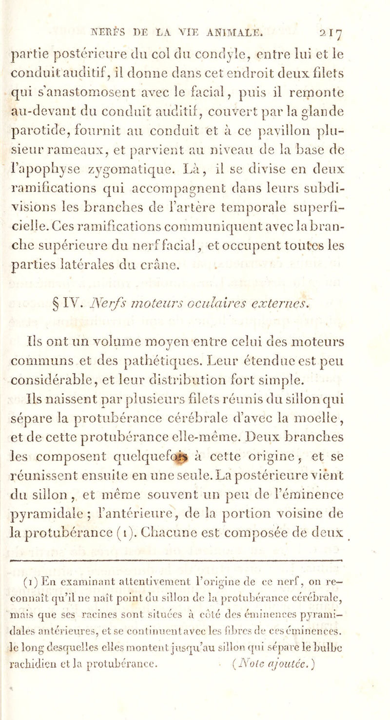 partie postérieure du col du condyle, cotre lui et le conduit auditif, il donne dans cet endroit deux filets qui s’anastomosent avec le facial, puis il remonte au-devant du conduit auditif, couvert par la glande parotide, fournit au conduit et à ce pavillon plu- sieur rameaux, et parvient au niveau de la base de l’apophyse zygomatique. Là, il se divise en deux ramifications qui accompagnent dans leurs subdi- visions les branches de l’artère temporale superfi- cielle. Ces ramifications communiquent avec la bran- che supérieure du nerf facial, et occupent toutes les parties latérales du crâne. § IY. Nerfs moteurs oculaires externes. Ils ont un volume moyen entre celui des moteurs communs et des pathétiques. Leur étendue est peu considérable, et leur distribution fort simple. Ils naissent par plusieurs filets réunis du sillon qui sépare la protubérance cérébrale d’avec la moelle, et de cette protubérance elle-même. Deux branches les composent quelquefois à cette origine, et se réunissent ensuite en une seule. La postérieure vient du sillon , et même souvent un peu de l’éminence pyramidale; l’antérieure, de la portion voisine de la protubérance (1). Chacune est composée de deux (1) En examinant attentivement l’origine de ce nerf, on re- connaît qu’il ne naît point du sillon de la protubérance cérébrale, mais que ses racines sont situées à coté des éminences pyrami- dales antérieures, et se continuentavec les fibres de ces éminences, le long desquelles elles montent jusqu’au sillon qui sépare le bulbe rachidien et la protubérance. (Noie ajoutée. )