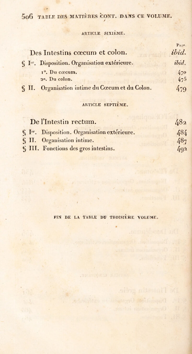 / ARTICLE SIXIÈME. Pa?P. Des Intestins cæcum et coîon. ibid. § 1“’. Disposition. Organisation extérieure. ibicl. i°. Du cæcum. 47° 2«. Du colon. 475 § II. Organisation intime du Cœcurn et du Colon. ^79 ARTICLE SEPTIÈME. De l’Intestin rectum. 482 § 1er. Disposition. Organisation extérieure. 4^4 § II. Organisation intime. 487 § III. Fonctions des gros intestins. 49^ / FIN DE LA TABLE Dü TROISIEME VOLUME.