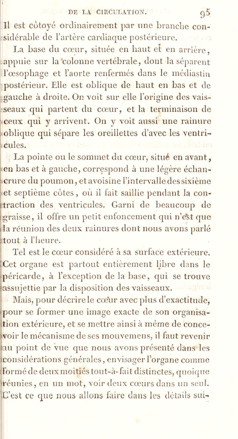 lî est Cütoyé ordinairement par une branche con- sidérable de Fartère cardiaque postérieure. La base du cœur, située en haut et en arrière, appuie sur la‘colonne vertébrale, dont la séparent Fœsophage et Faorte renfermés dans le médiastiu postérieur. Elle est oblique de haut en bas et de I gauche à droite. On voit sur elle l’origine des vais- i^seaux qui partent du cœur, et la terminaison de i ceux qui y arrivent. On y voit aussi une rainure ^oblique qui sépare les oreillettes d’avec les ventri- [icules. La pointe ou le sommet du cœur, situé en avant, iten bas et à gauche, correspond à une légère échan- lœrure du poumon, et avoisine l’intervalle des sixième ; et septième côtes, où il fait saillie pendant la con- jitraction des ventricules. Garni de beaucoup de i£;raisse, il offre un petit enfoncement qui n’e^t que jîa réunion des deux rainures dont nous avons parlé itout à Flieure. Tel est le cœur considéré à sa surface extérieure. tCet organe est partout entièrement hbre dans le fpéricarde, à l’exception de la base, qui se trouve ^assujettie par la disposition des vaisseaux. I Mais, pour décrire le cœur avec plus d’exactitude, jipour se former une image exacte de son organisa- |tion extérieure, et se mettre ainsi à meme de conce- ivoir le mécanisme de ses mouvemens, il faut revenir iau point de vue que nous avons présenté dans les iconsidérations générales, envisager l’organe comme dformé de deux moitiés tout-à-fait distinctes, quoique '^réunies, en un mot, voir deux cœurs dans un seul. iC’est ce que nous allons faire clans les détails sui-