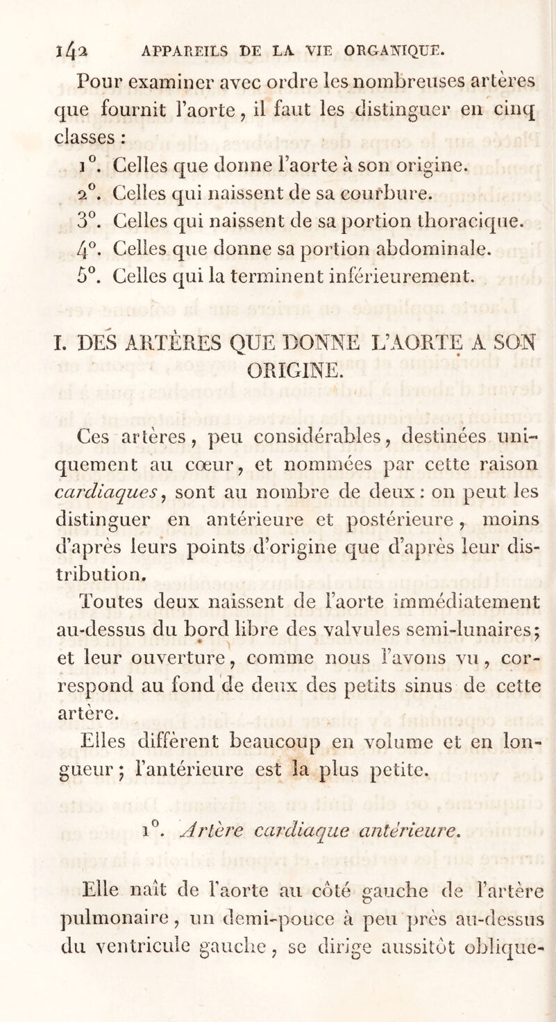 Pour examiner avec ordre les nombreuses artères que fournit l’aorte, il faut les distinguer en cinq classes : I®. Celles que donne l’aorte à son origine. 2®. Celles qui naissent de sa courbure. 3*^. Celles qui naissent de sa portion thoracique. 4®. Celles que donne sa portion abdominale. 5®. Celles qui la terminent inférieurement. 1. DES ARTÈRES QUE DONNE L’AORTE A SON ORIGINE. Ces artères, peu considérables, destinées uni- quement au cœur, et nommées par cette raison cardiaques, sont au nombre de deux : on peut les distinguer en antérieure et postérieure, moins d’après leurs points d’origine que d’après leur dis- tribution. Toutes deux naissent de l’aorte immédiatement au-dessus du bord libre des valvules semblunaires; • '1 ^ et leur ouverture, comme nous l’avons vu, cor- respond au fond de deux des petits sinus de cette artère. Elles diffèrent beaucoup en volume et en lon- gueur ; l’antérieure est la plus petite. 1^. Artere cardiaque antérieure. Elle naît de l’aorte au côté gauche de l’artère pulmonaire, un demi-pouce à peu près au-dessus du ventricule gauche, se dirige aussitôt oblique-