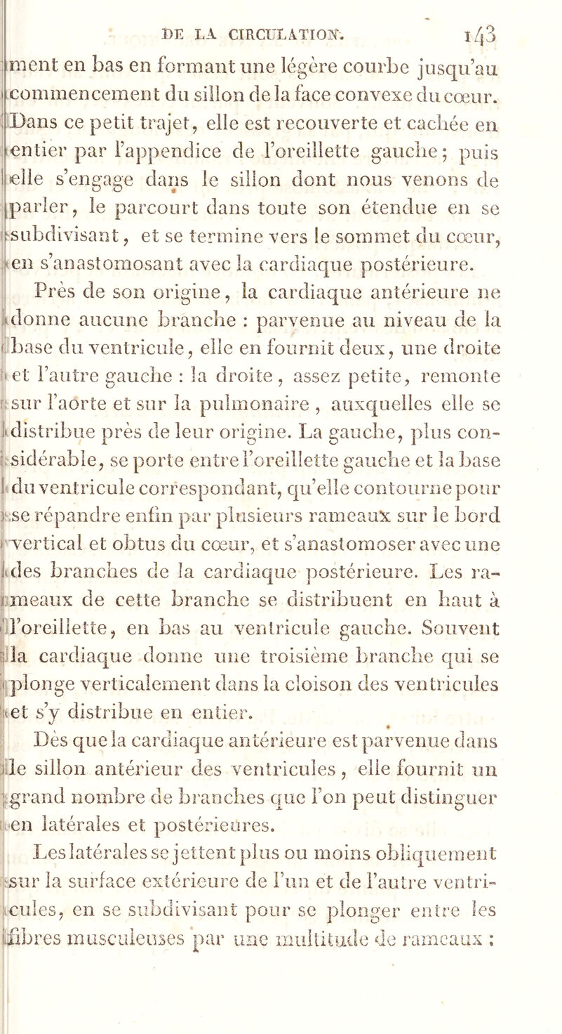 i ment en bas en formant une légère courbe jusqu’au I commencement du sillon de la face convexe du cœur. ( Dans ce petit trajet, elle est recouverte et cachée en ^tentier par l’appendice de l’oreillette gauche; puis j «elle s’engage dans le sillon dont nous venons de jjparler, le parcourt dans toute son étendue en se ^subdivisant, et se termine vers !e sommet du cœur, ;(eîi s’anastomosant avec la cardiaque postérieure, j Près de son origine, la cardiaque antérieure ne idonne aucune branche : parvenue au niveau de la « base du ventricule, elle en fournit deux, une droite fœt l’autre gauche : la droite, assez petite, remonte |sur Faorte et sur la pulmonaire , auxquelles elle se jklistribue près de leur origine. La gauche, plus con- (^sidérable, se porte entre l’oreillette gauche et la base I du ventricule correspondant, c|u’elle contourne pour Lse répandre enfin par plusieurs rameau^c sur le bord ^ vertical et obtus du cœur, et s’anastomoser avec une Ides branches de la cardiaque postérieure. Les ra- rmeaux de cette branche se distribuent en haut à t roreillette, en bas au ventricule gauche. Souvent |la cardiaque donne une troisième branche qui se .1 plonge verticalement dans la cloison des ventricules fit et s’y distribue en entier. « I Dès que la cardiaque antérieure est parvenue dans ide sillon antérieur des ventricules, elle fournit un (igrand nombre de branches cpie l’on peut distinguer il en latérales et postérieures. I Les latérales se jettent plus ou moins obîic|uement l'-siir la surface extérieure de Fun et de l’autre ventrh 1 icules, en se subdivisant pour se plonger entre les ifibres musculeuses par une muhiiude de rameaux ; i